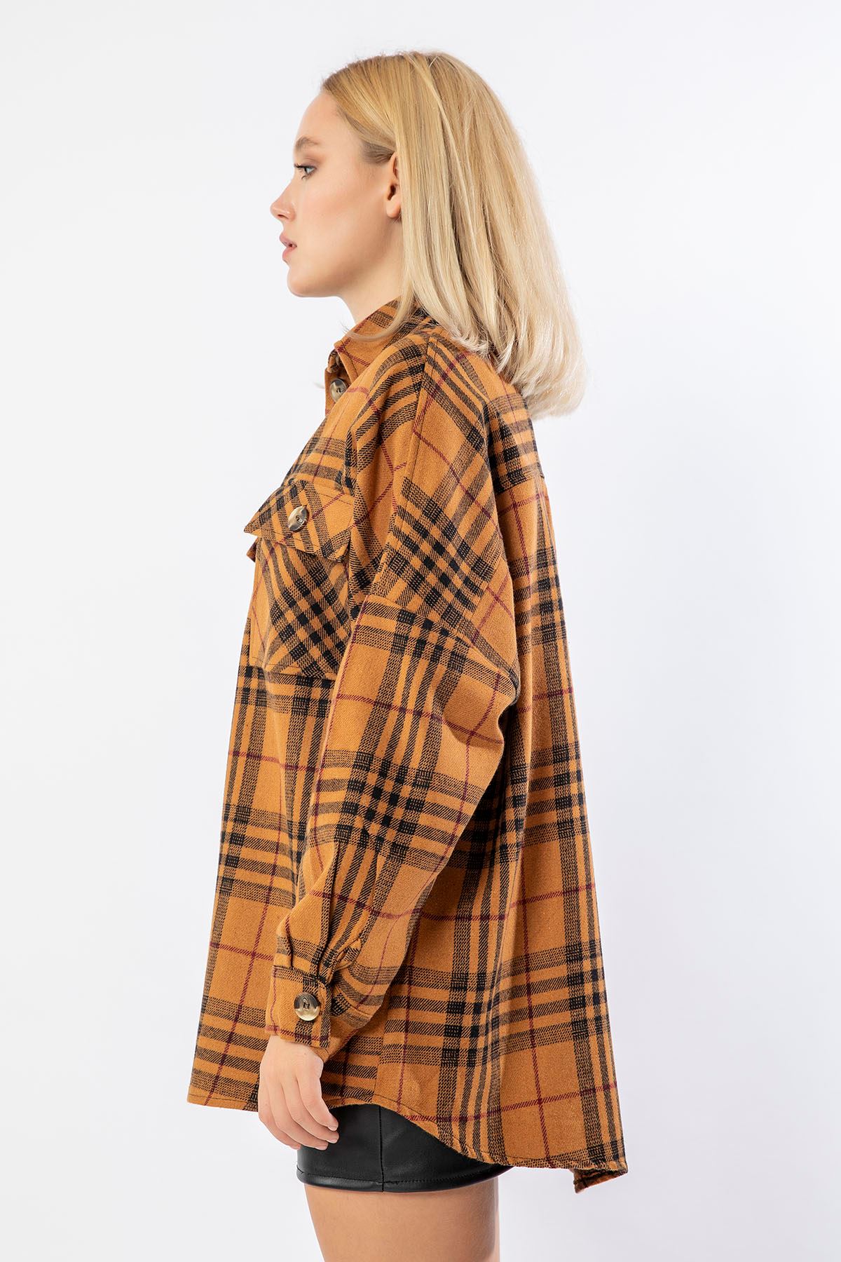 Lumberjack Fabric Long Sleeve Below Hip Oversize Plaid Women'S Shirt - Mustard