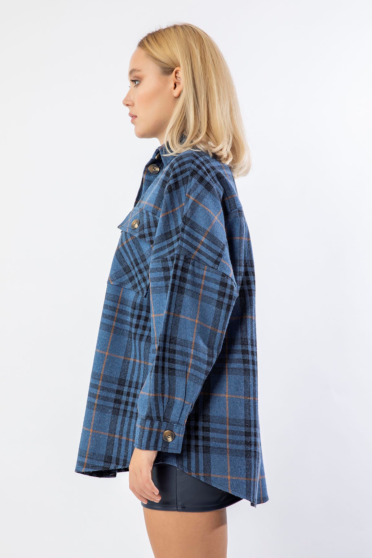 Lumberjack Fabric Long Sleeve Below Hip Oversize Plaid Women'S Shirt - Dark Blue