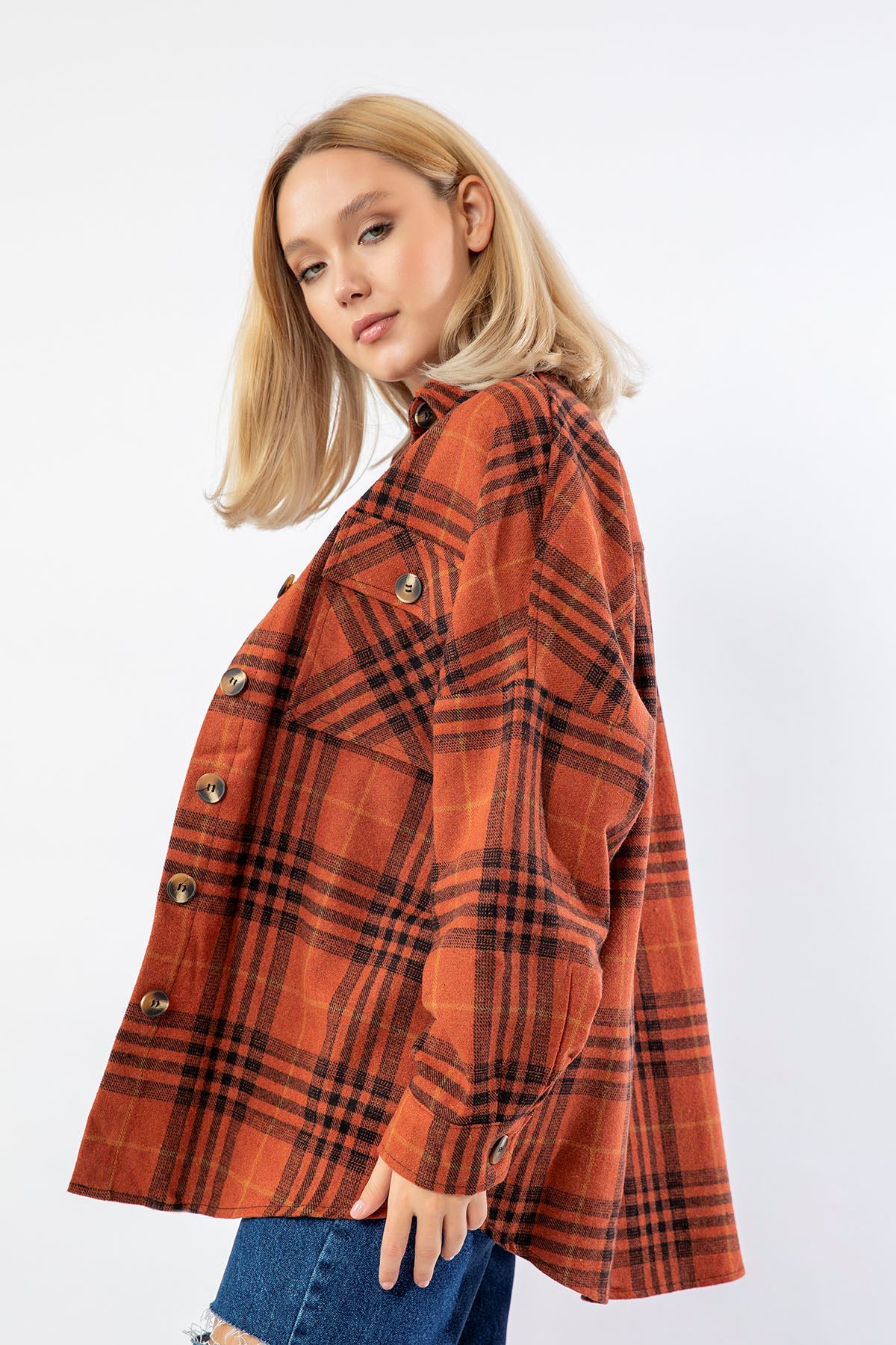 Lumberjack Fabric Long Sleeve Below Hip Oversize Plaid Women'S Shirt - Brick 