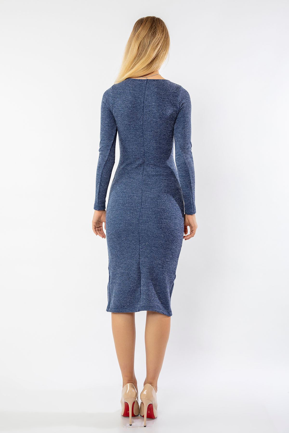 Knitwear Fabric Long Sleeve Midi Corset Women Dress - Navy Blue 