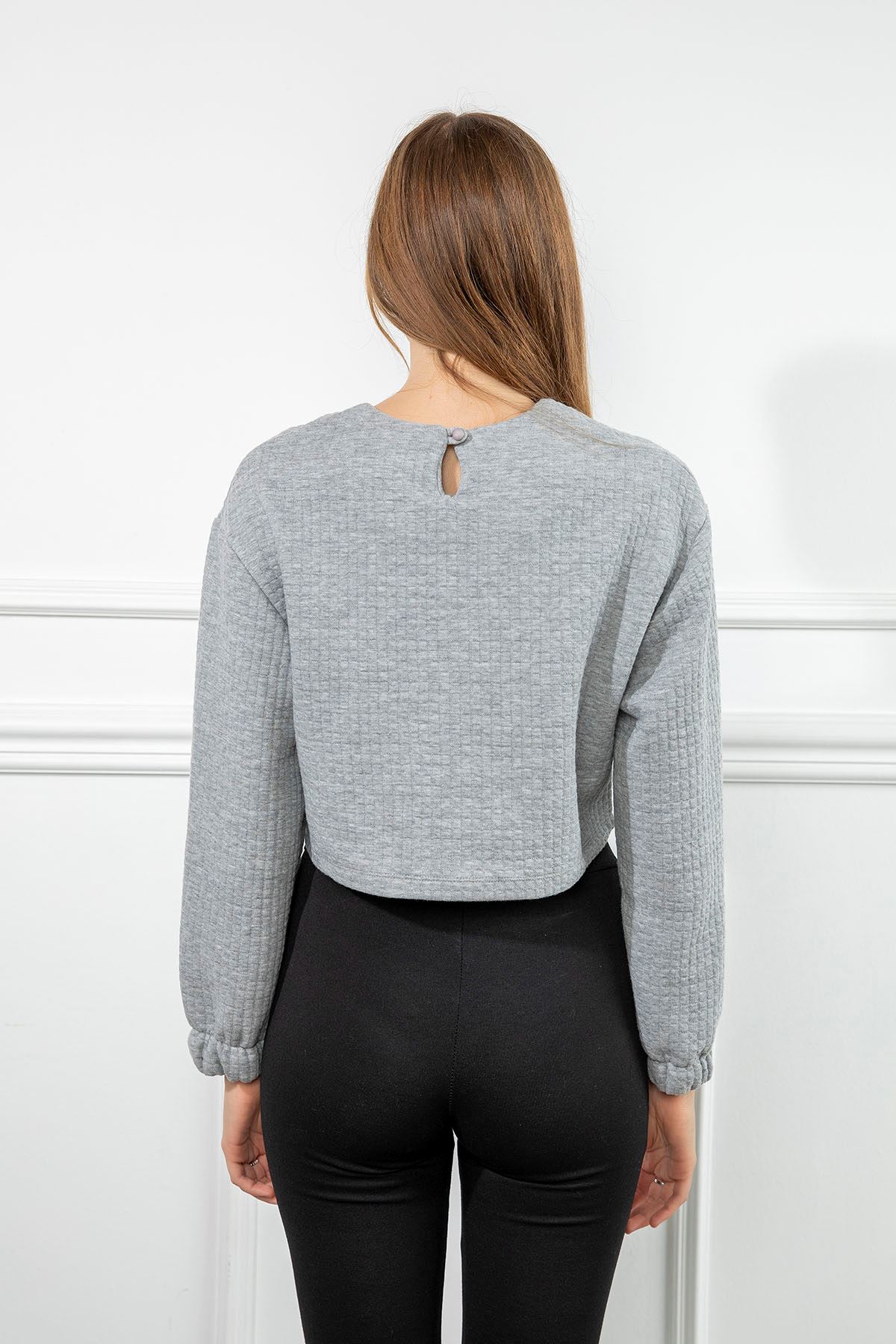 Petek Kumaş Uzun Kol Oversize/Salaş Cep Detaylı Kadın Sweatshirt-Gri