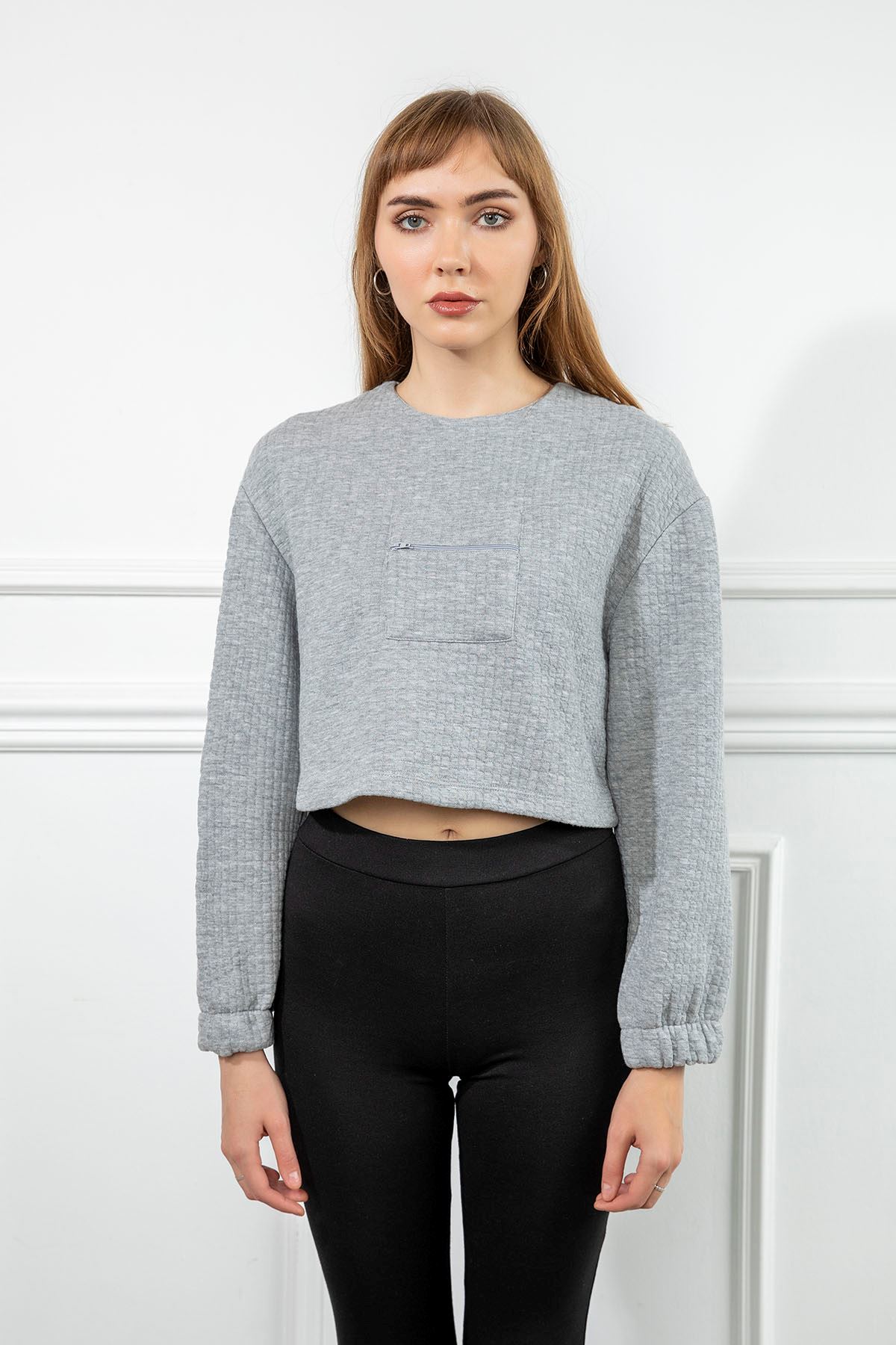 Petek Kumaş Uzun Kol Oversize/Salaş Cep Detaylı Kadın Sweatshirt-Gri