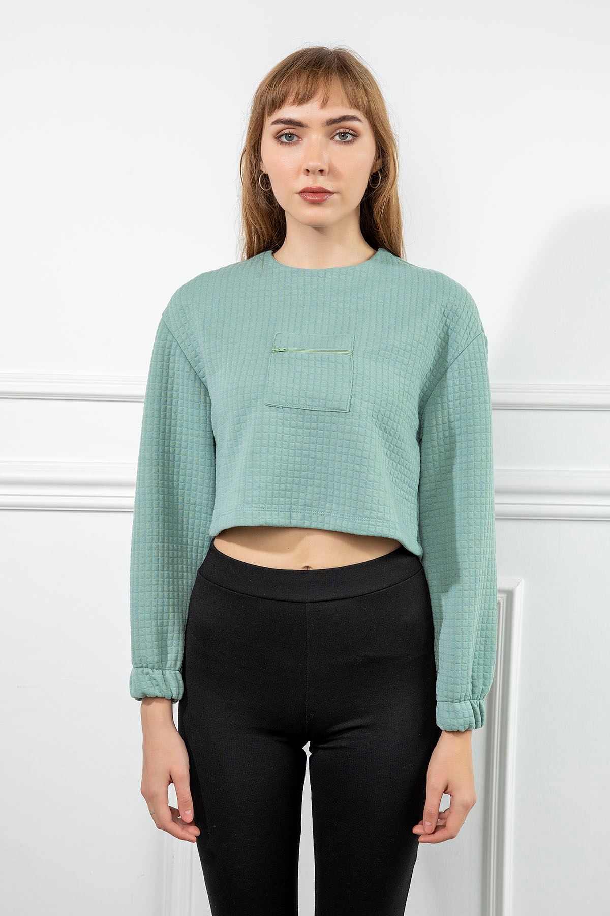 Honeycomb Fabric Long Sleeve Oversize Pocket Detailed Women Sweatshirt - Mint