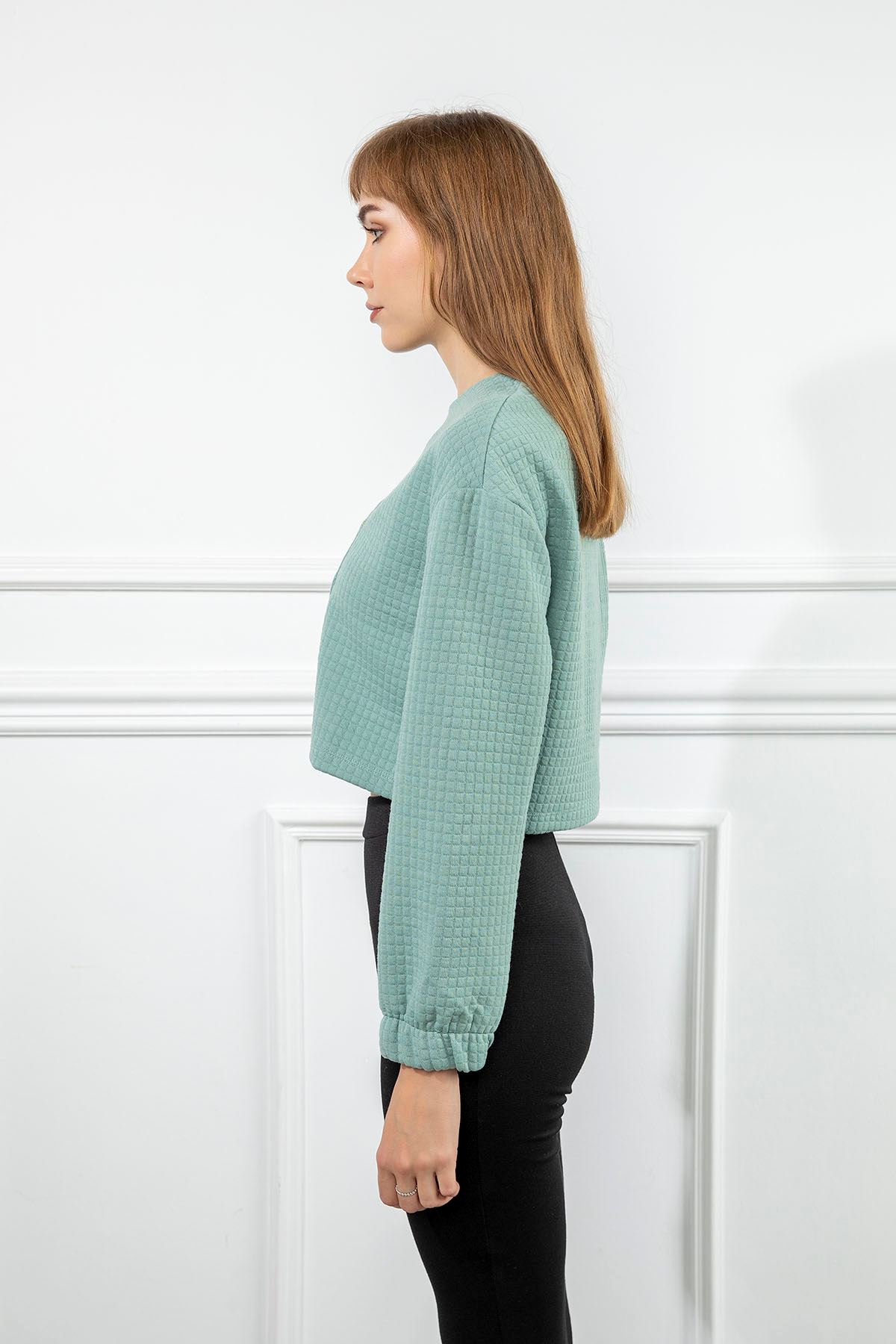 Petek Kumaş Uzun Kol Oversize/Salaş Cep Detaylı Kadın Sweatshirt-Mint