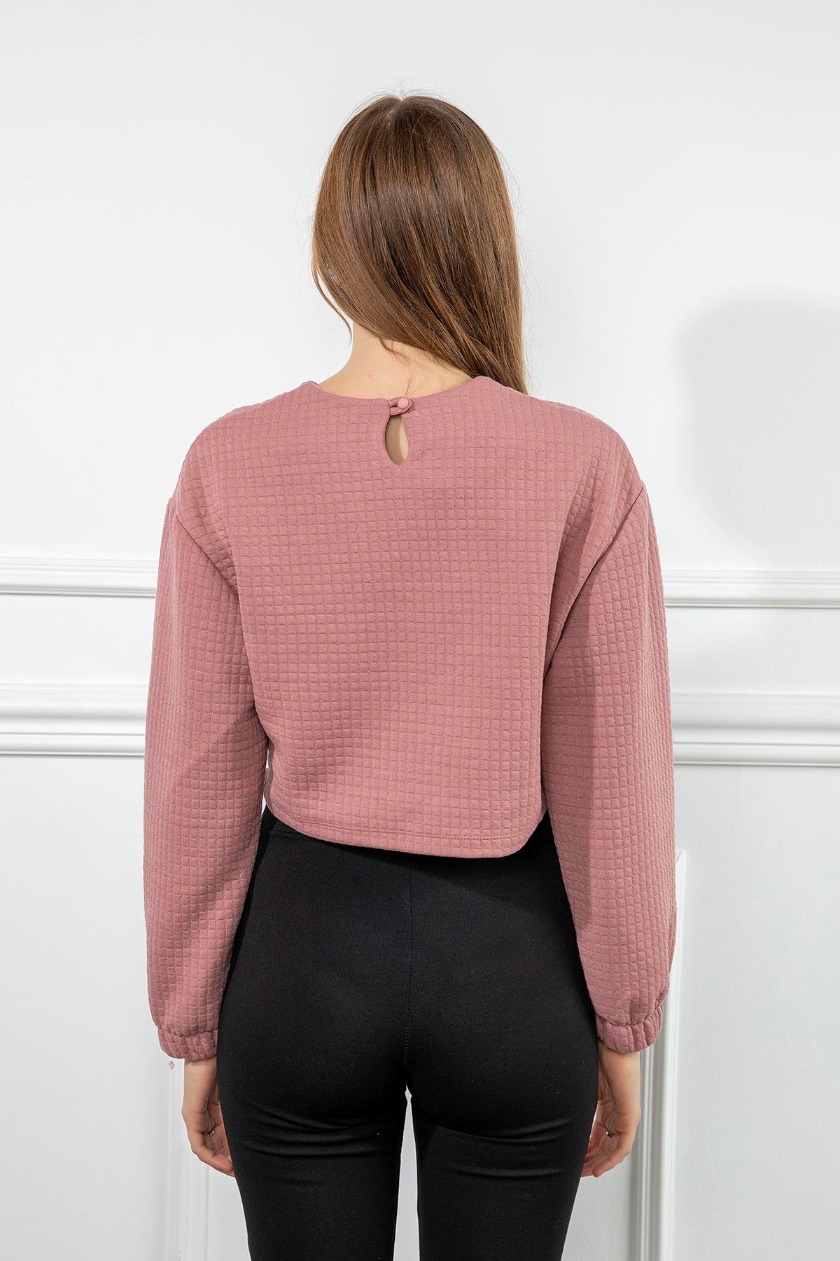 Petek Kumaş Uzun Kol Oversize/Salaş Cep Detaylı Kadın Sweatshirt-Gül Kurusu