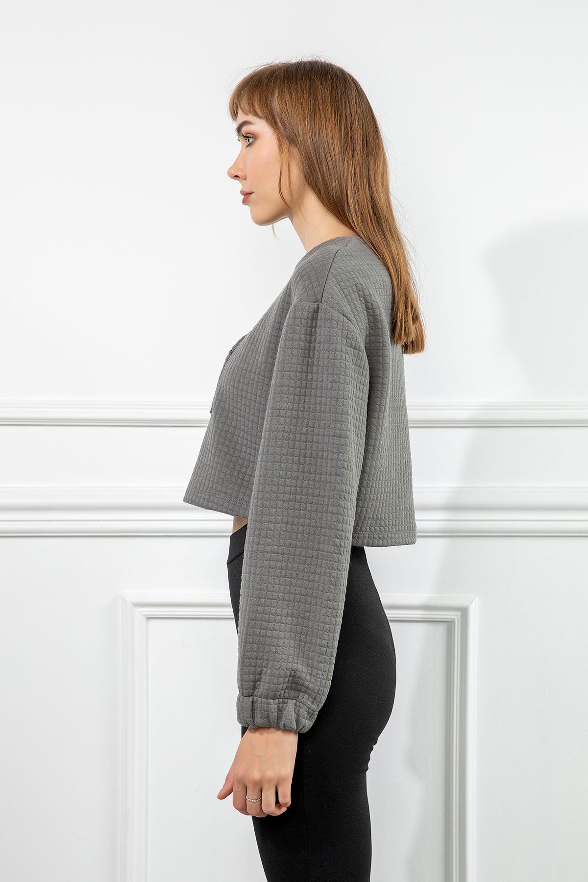 Petek Kumaş Uzun Kol Oversize/Salaş Cep Detaylı Kadın Sweatshirt-Antrasit