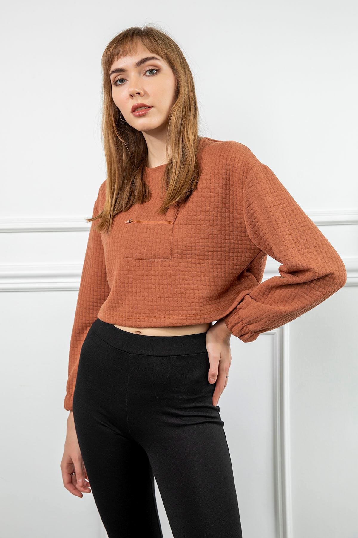 Petek Kumaş Uzun Kol Oversize/Salaş Cep Detaylı Kadın Sweatshirt-Kiremit