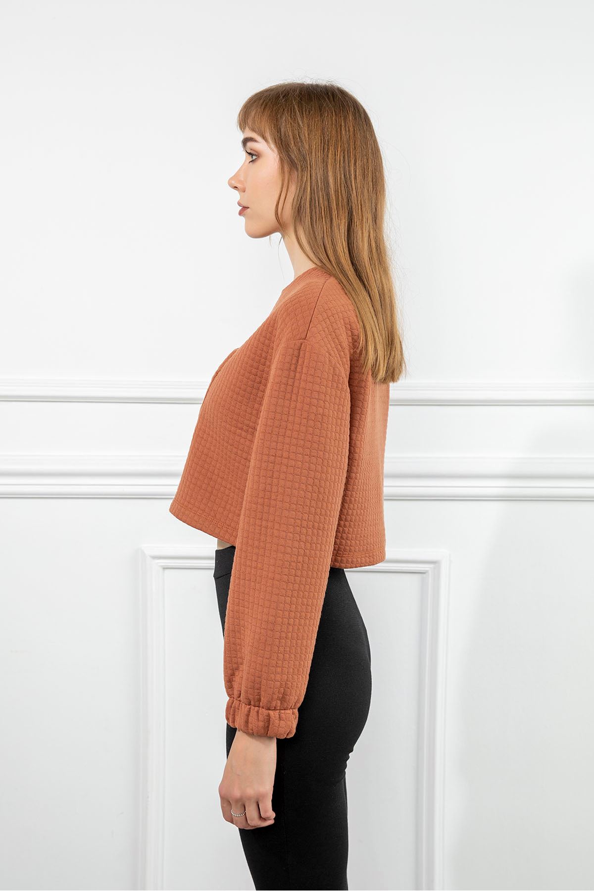 Petek Kumaş Uzun Kol Oversize/Salaş Cep Detaylı Kadın Sweatshirt-Kiremit
