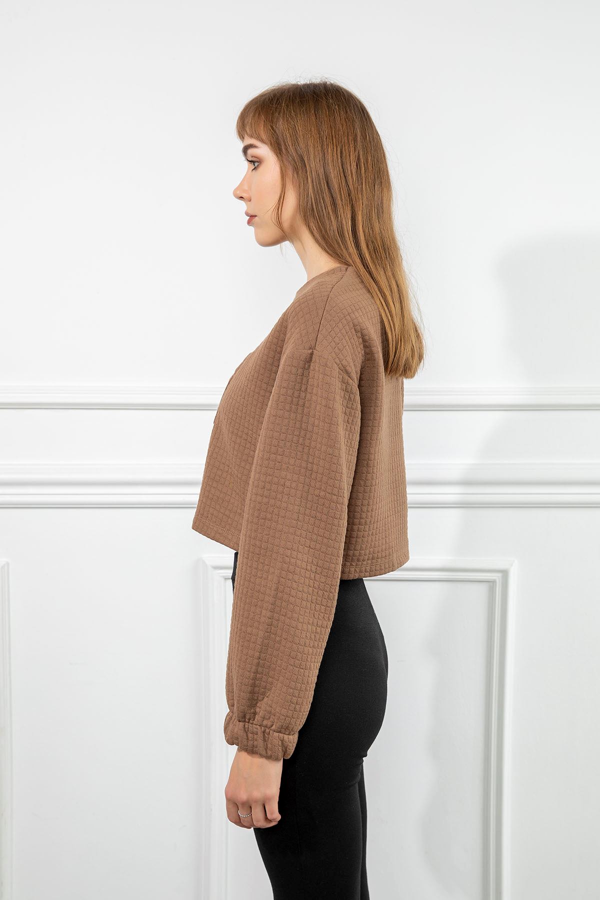 Petek Kumaş Uzun Kol Oversize/Salaş Cep Detaylı Kadın Sweatshirt-Vizon