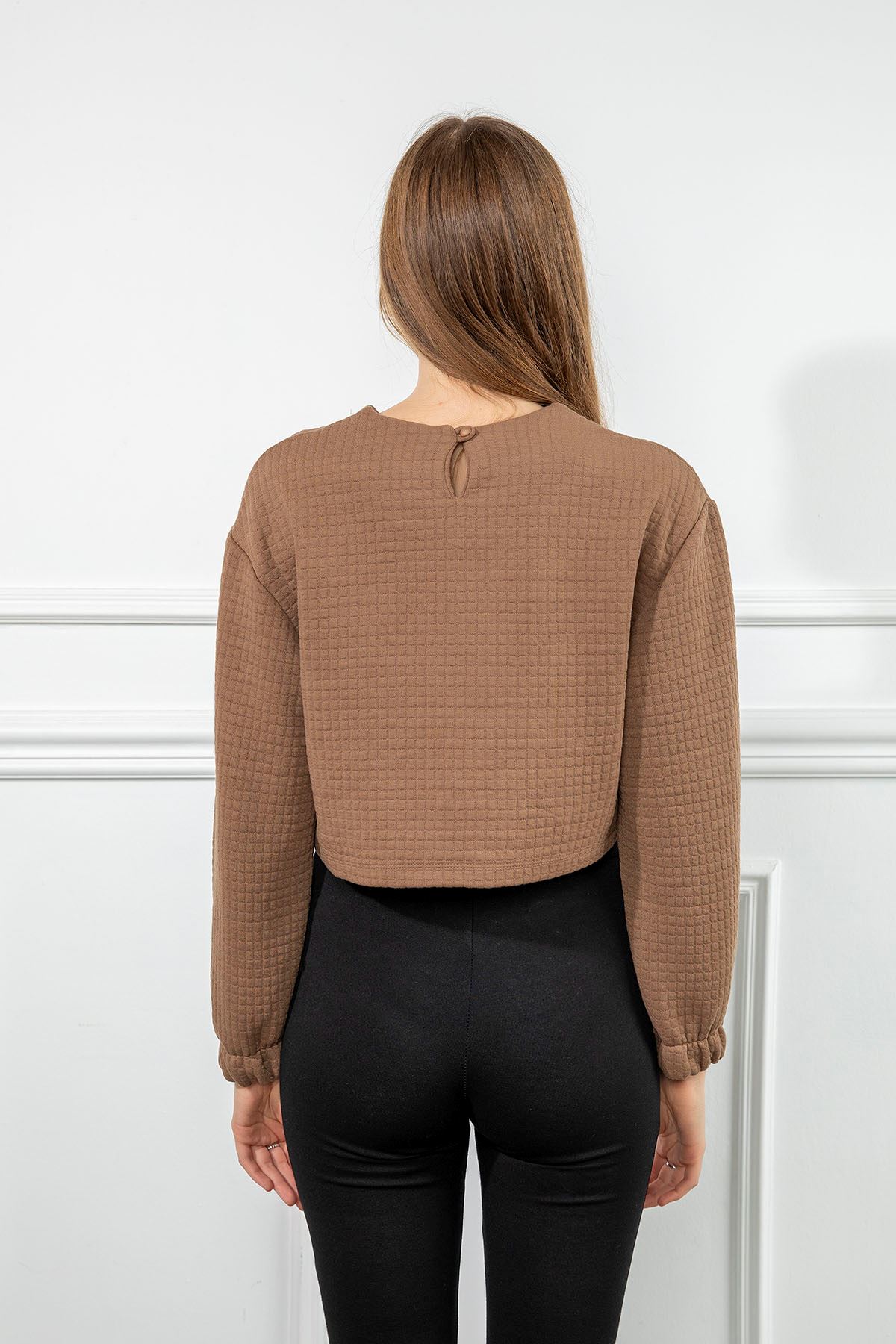 Petek Kumaş Uzun Kol Oversize/Salaş Cep Detaylı Kadın Sweatshirt-Vizon
