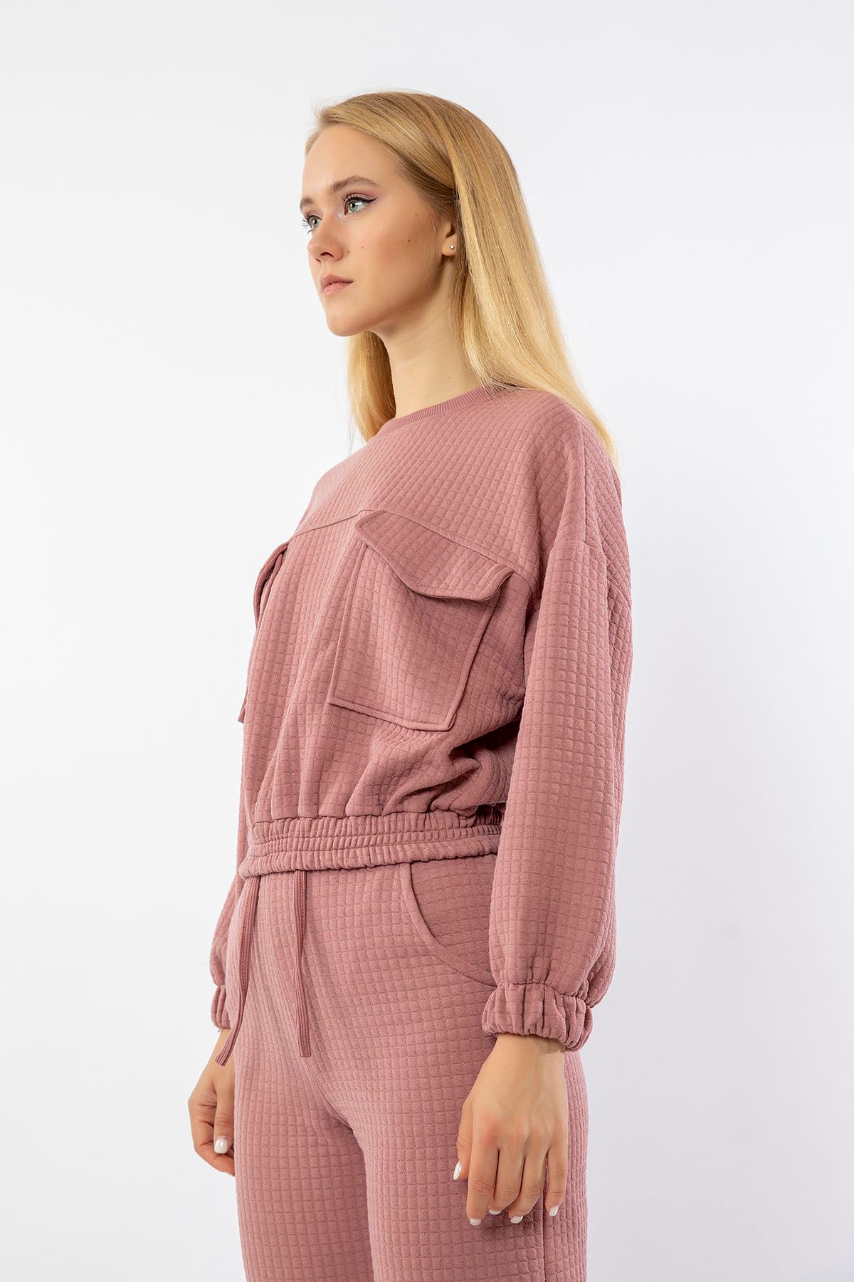 Quilted Fabric Bicycle Collar Oversize Double Pocket Women Sweatshirt - Light Pink