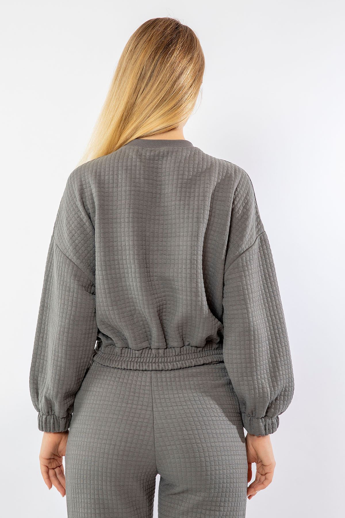 Стеганый ткань с круглым вырезом с карманами женский свитшот - Темно серый