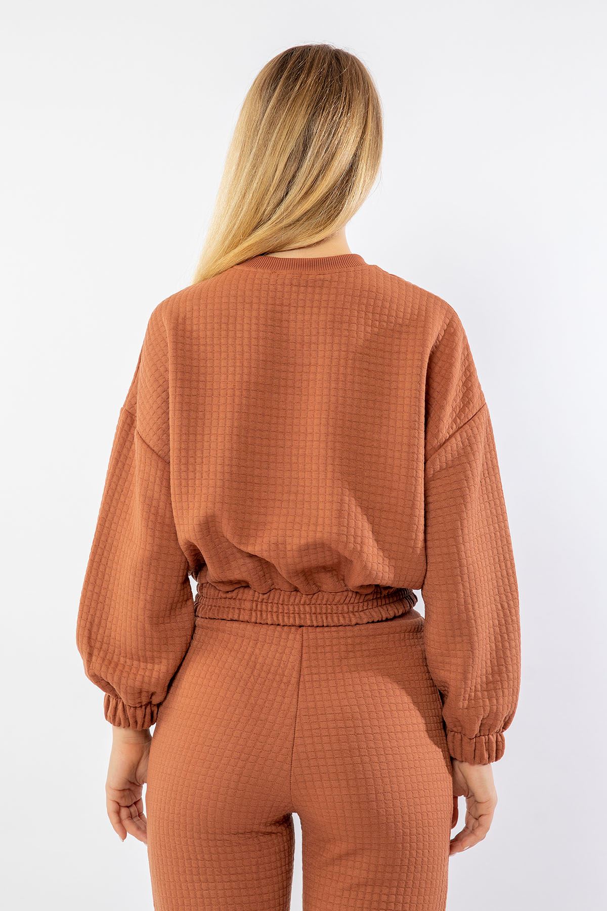Quilted Fabric Bicycle Collar Oversize Double Pocket Women Sweatshirt - Brick 