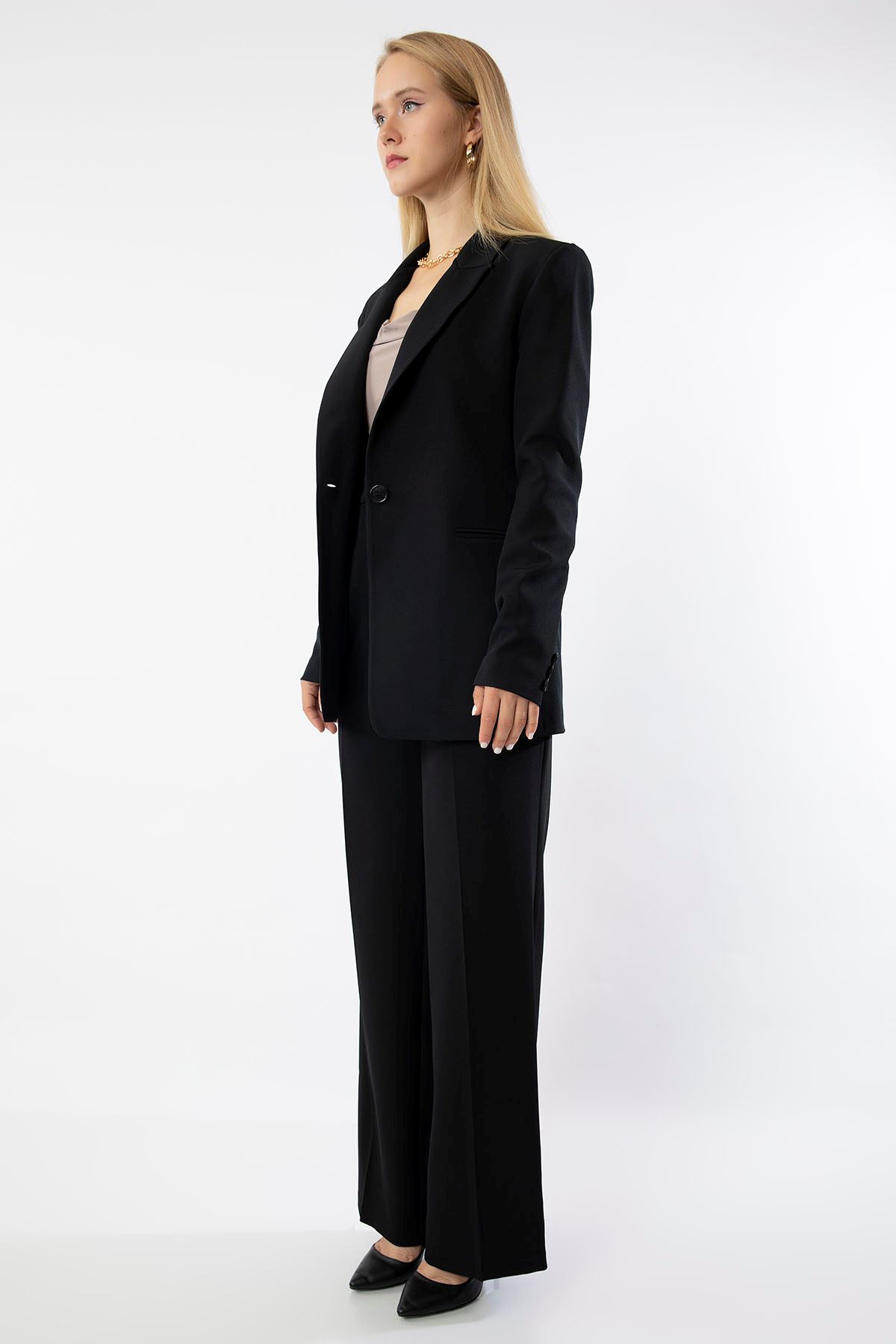 атласный ткань английский воротник на пуговице женский пиджак - Чёрный