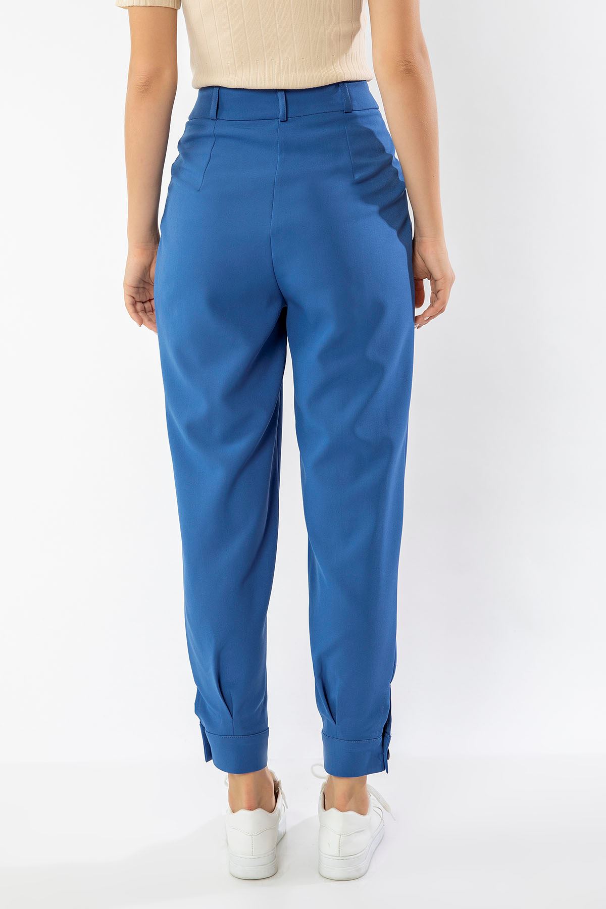 Atlas Fabric Carrot Style Button Women'S Trouser - Navy Blue 