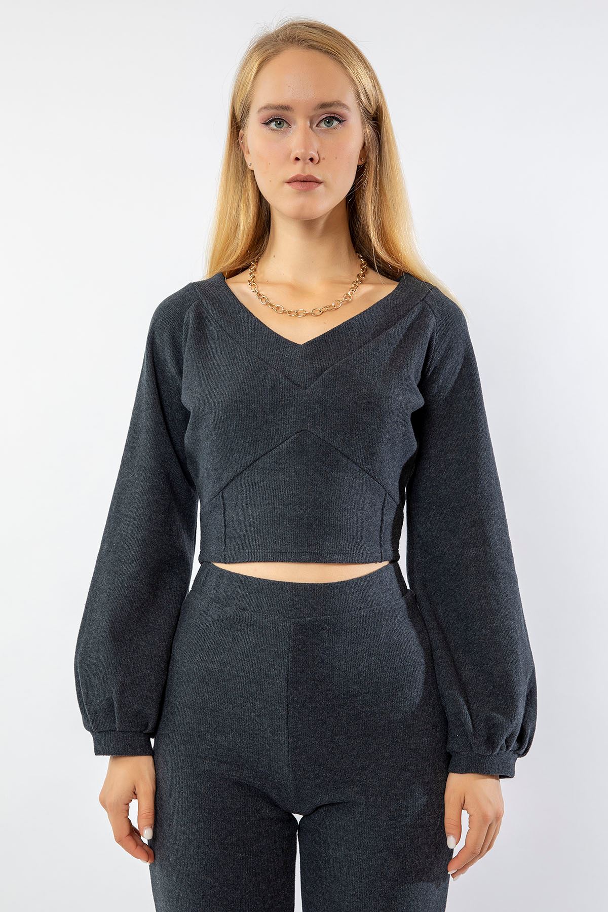 Thessaloniki Knitted Fabric Long Sleeve V-Neck Blouse - Anthracite 