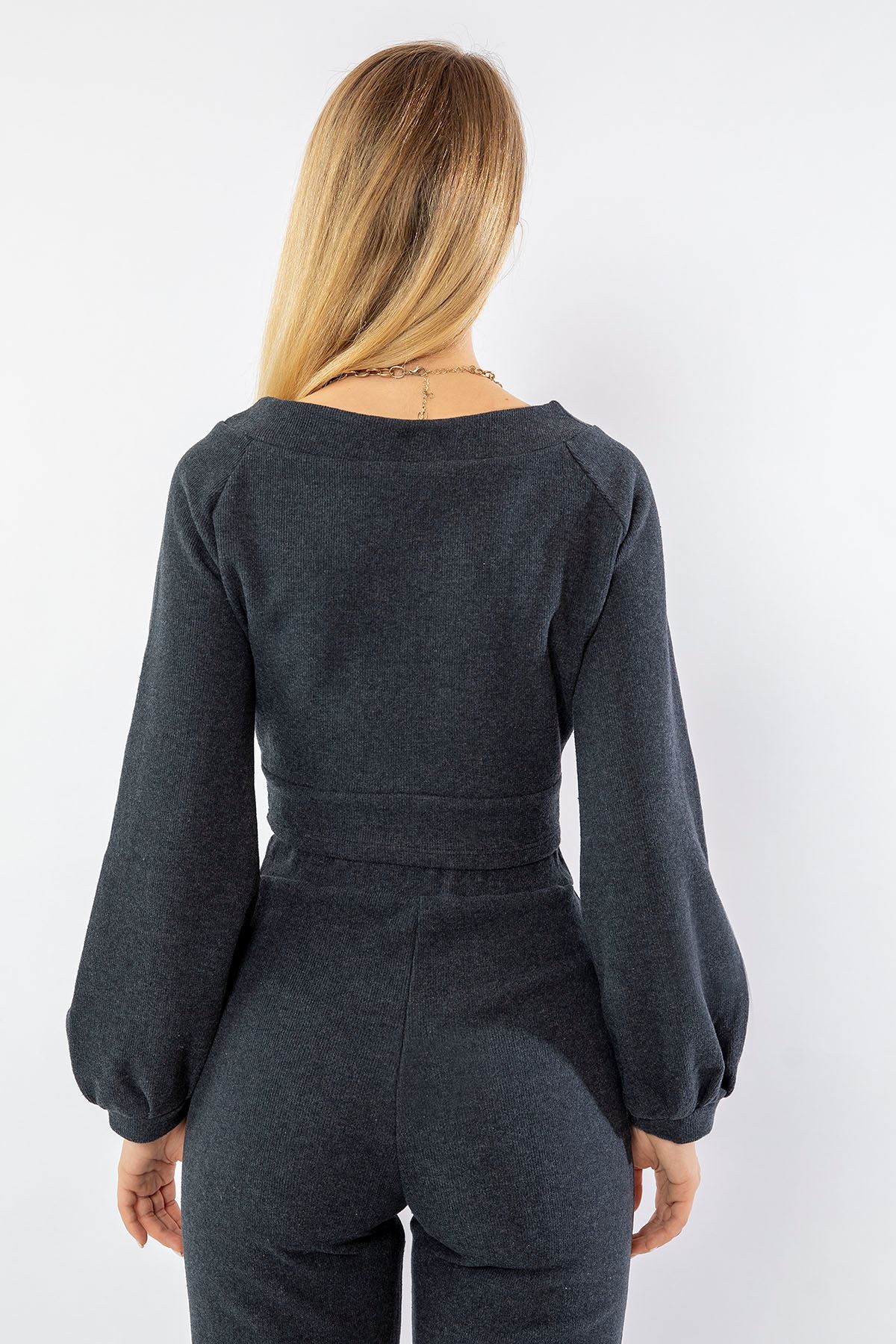 Thessaloniki Knitted Fabric Long Sleeve V-Neck Blouse - Anthracite 