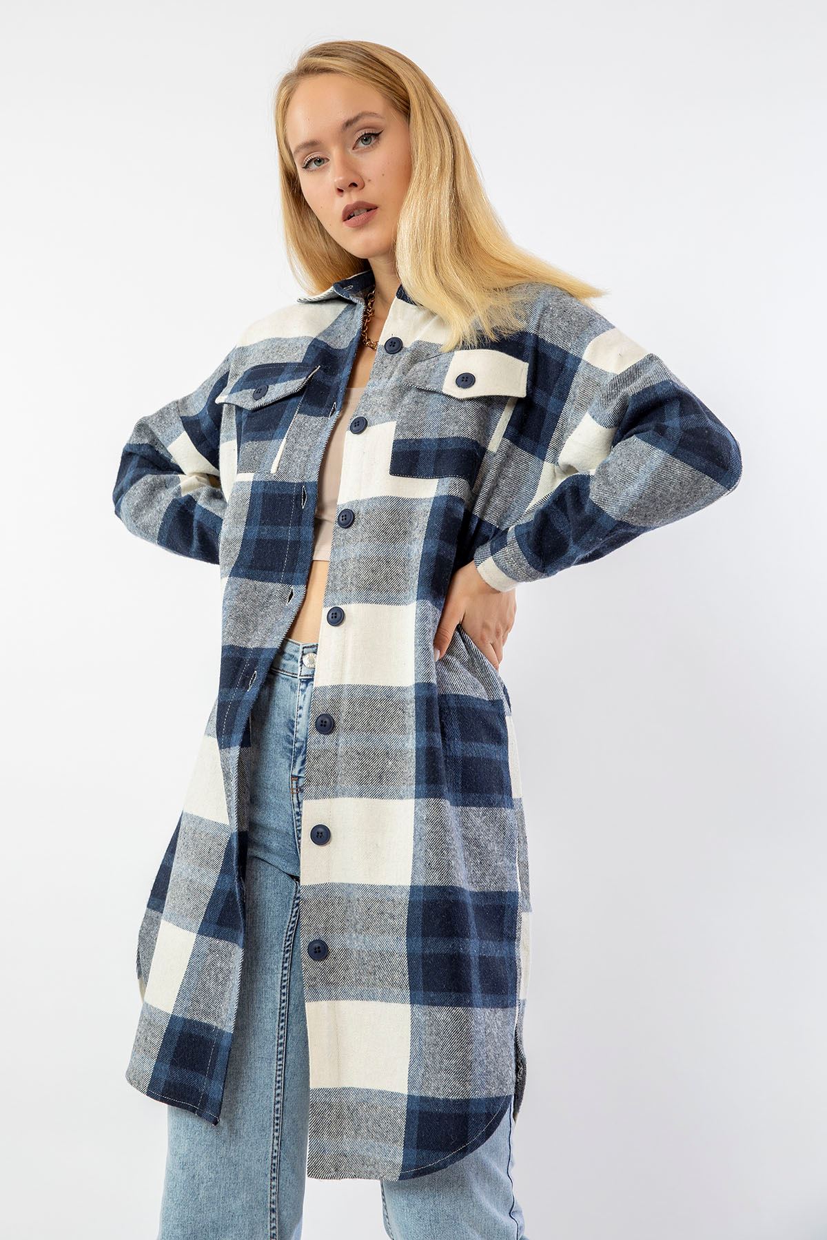 Lumberjack Fabric Long Sleeve Above Knee Oversize Plaid Women'S Shirt - Navy Blue 