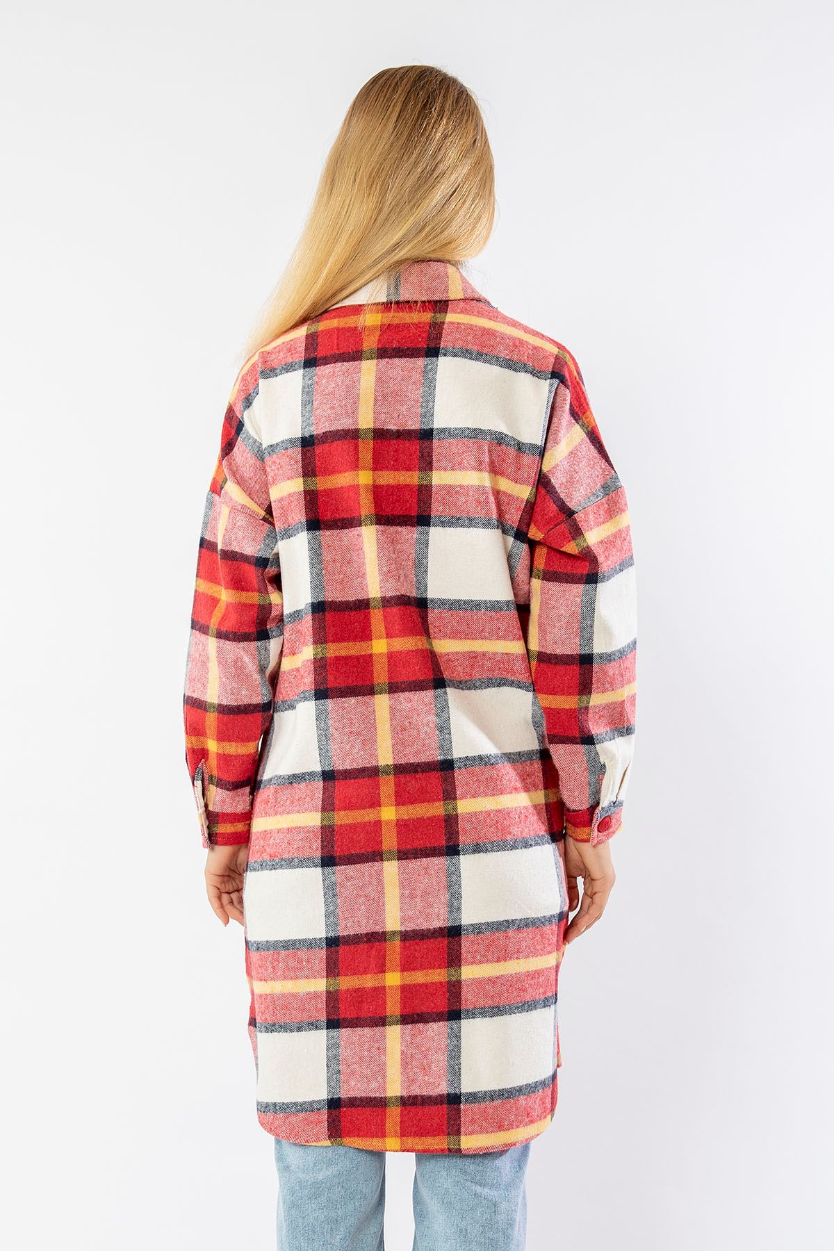 Lumberjack Fabric Long Sleeve Above Knee Oversize Plaid Women'S Shirt - Red
