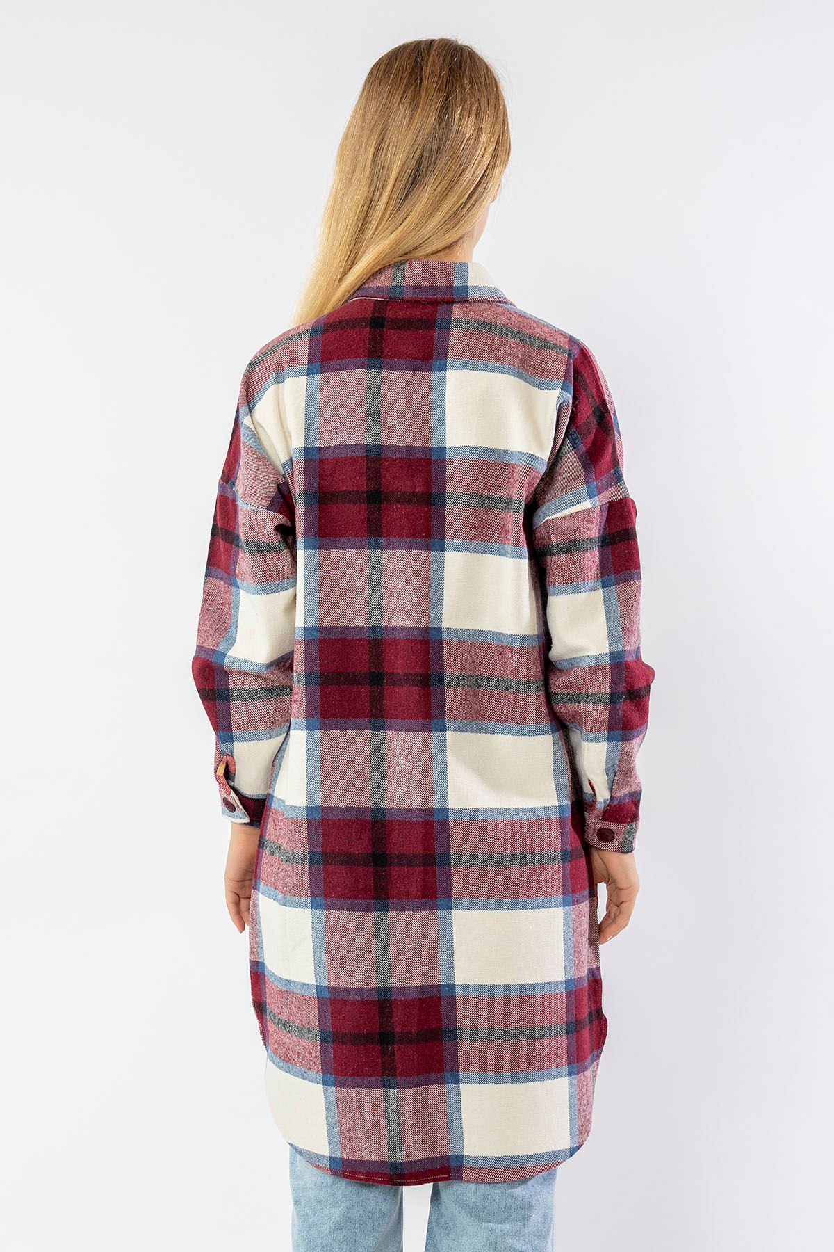 Lumberjack Fabric Long Sleeve Above Knee Oversize Plaid Women'S Shirt - Burgundy