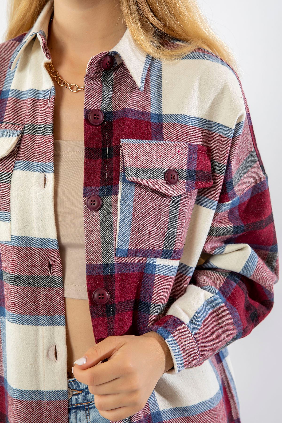 Lumberjack Fabric Long Sleeve Above Knee Oversize Plaid Women'S Shirt - Burgundy