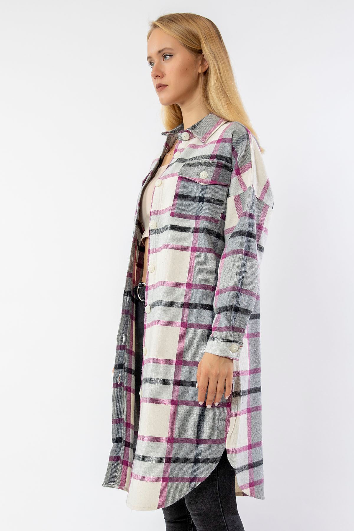 Lumberjack Fabric Long Sleeve Above Knee Oversize Plaid Women'S Shirt - Plum