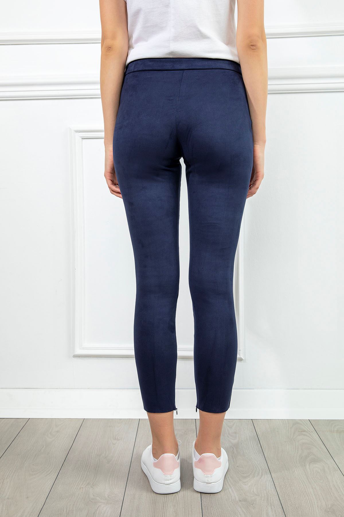 Suede Fabric Ankle Length Zip Women Tights - Navy Blue 