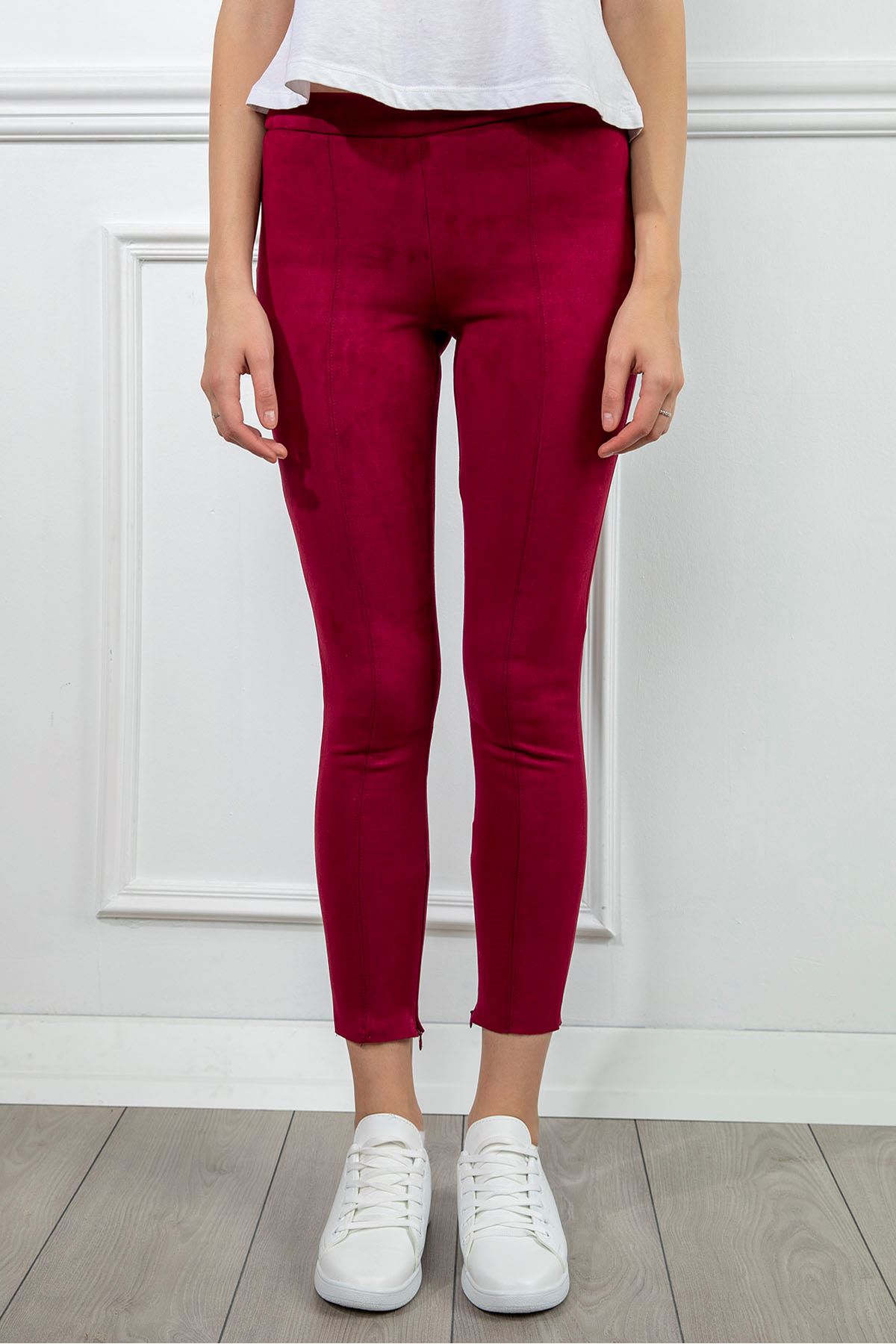 Suede Fabric Ankle Length Zip Women Tights - Burgundy
