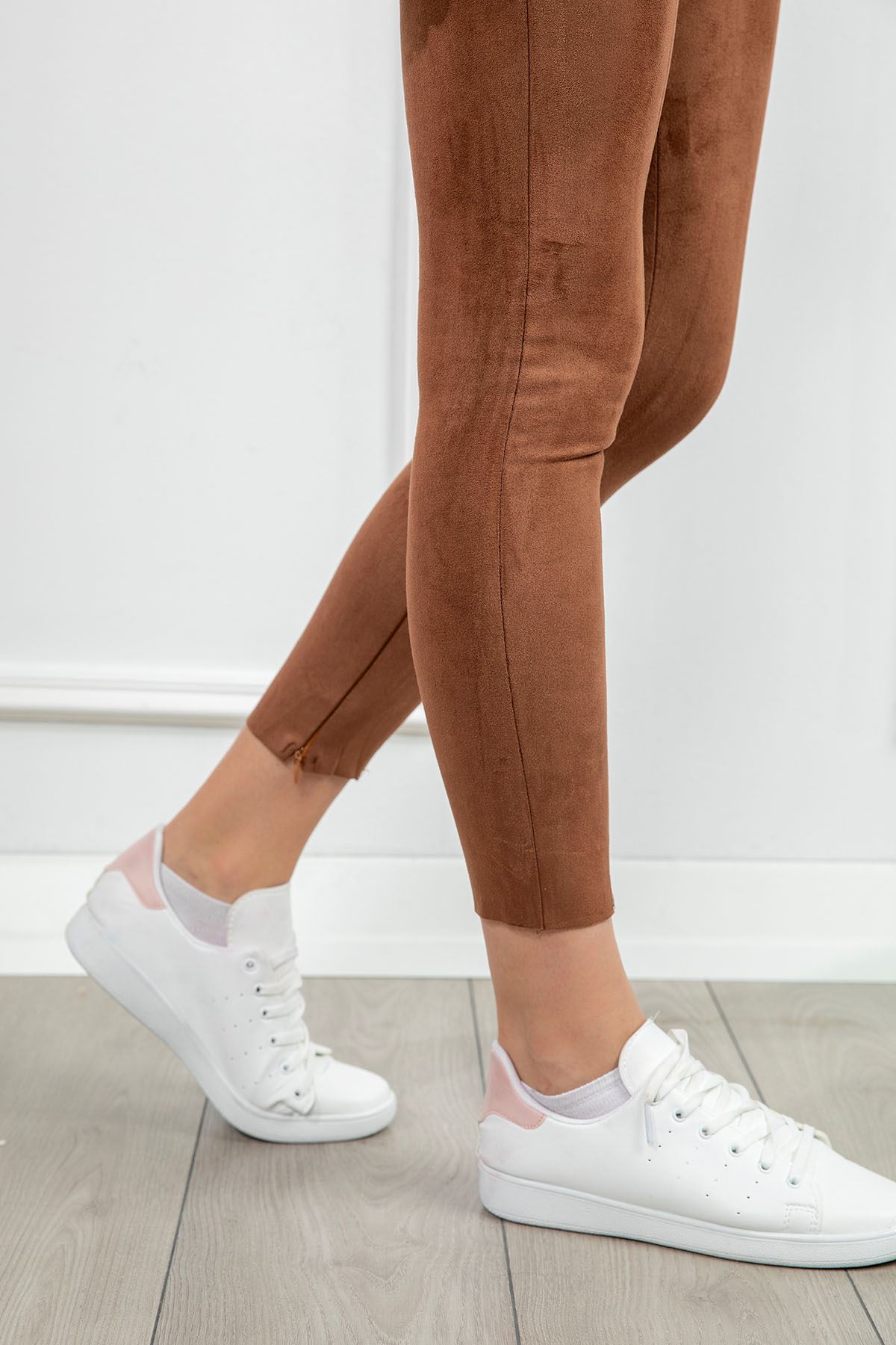 Suede Fabric Ankle Length Zip Women Tights - Light Brown