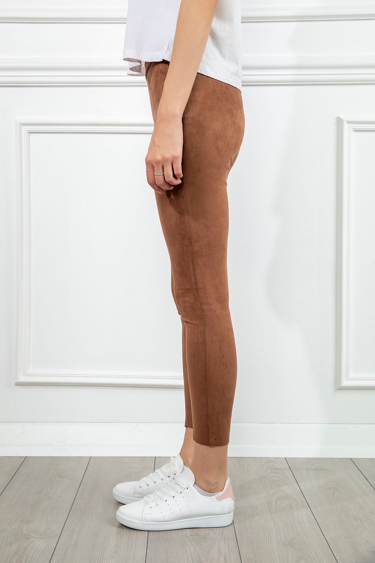 Suede Fabric Ankle Length Zip Women Tights - Light Brown
