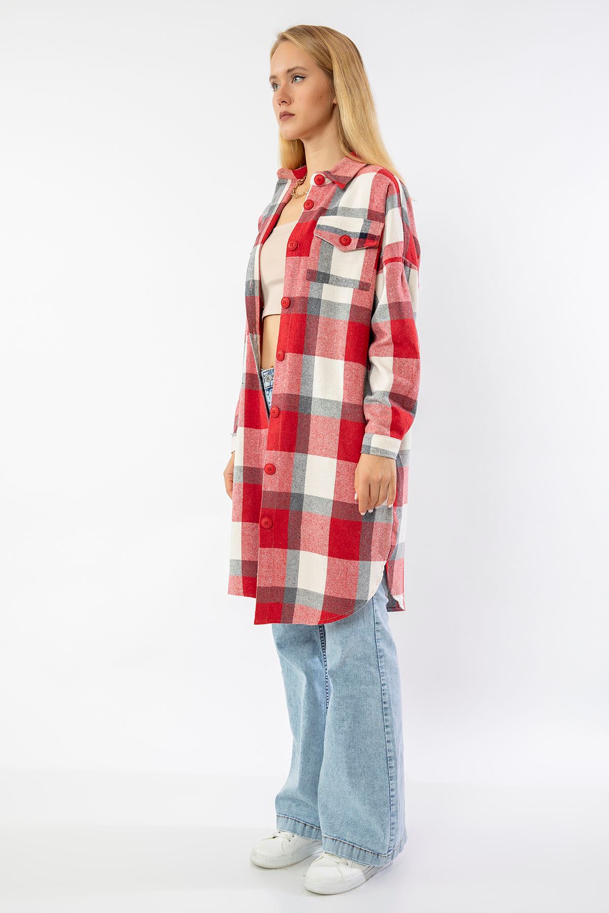 Lumberjack Fabric Long Sleeve Long Oversize Plaid Women'S Shirt - Red