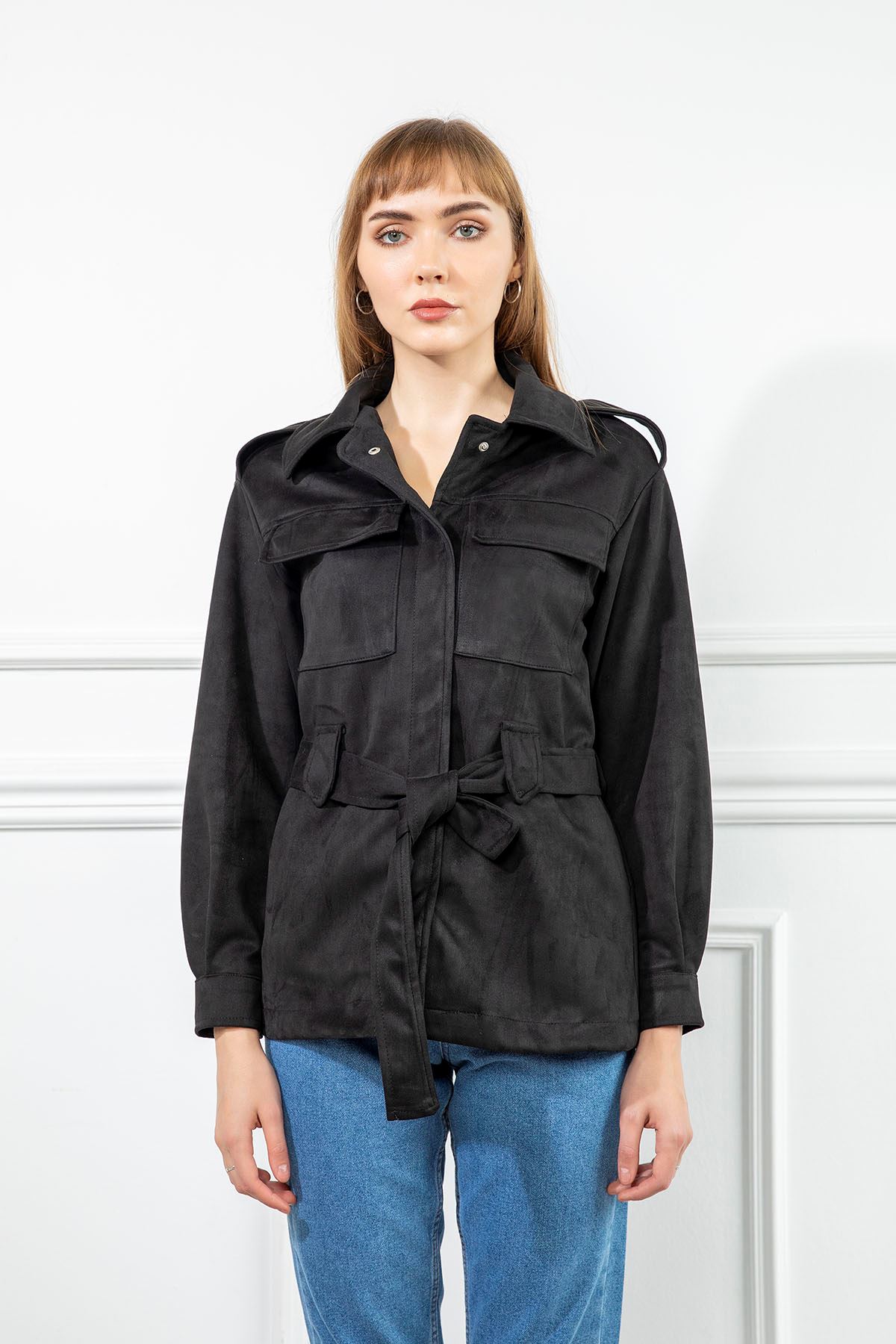 Замшевый ткань длинный отложной воротник женский пиджак - Чёрный