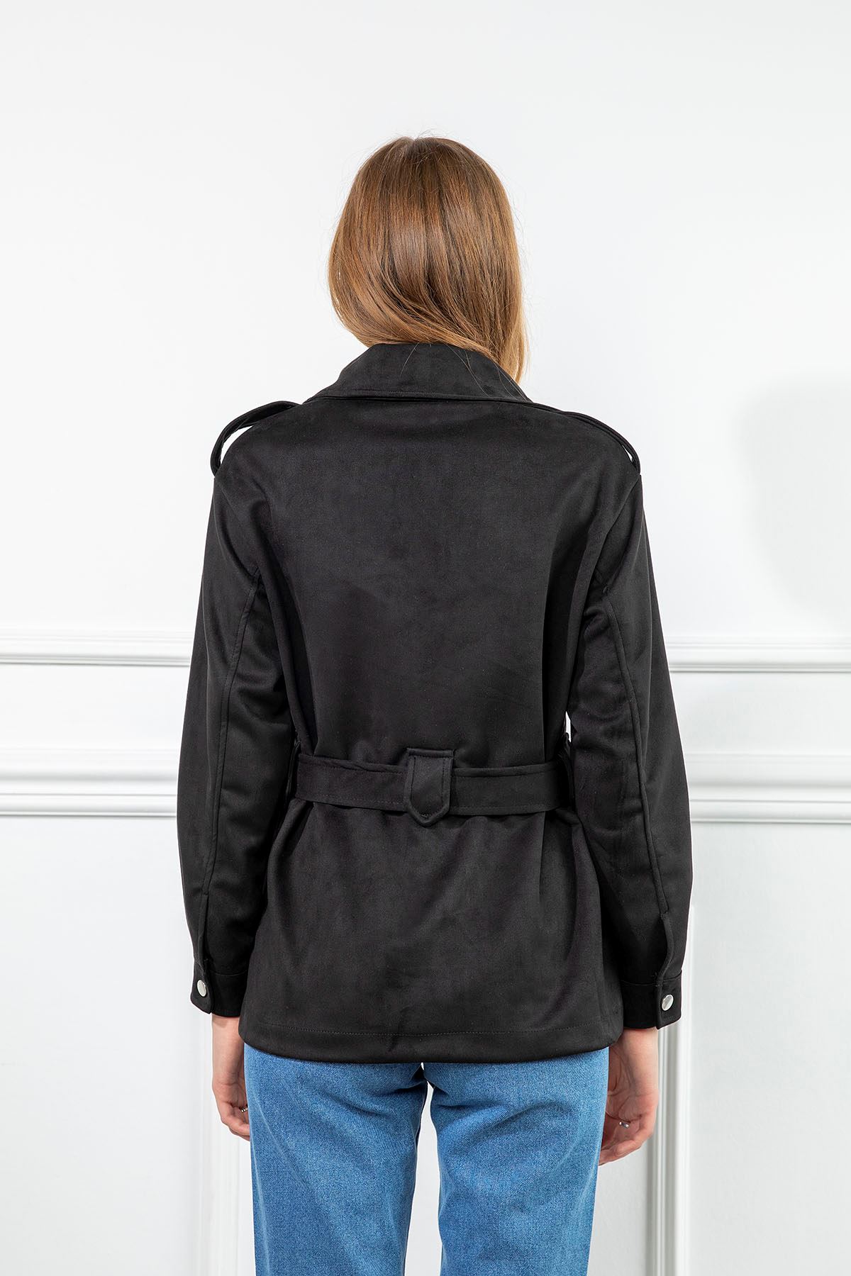 Замшевый ткань длинный отложной воротник женский пиджак - Чёрный