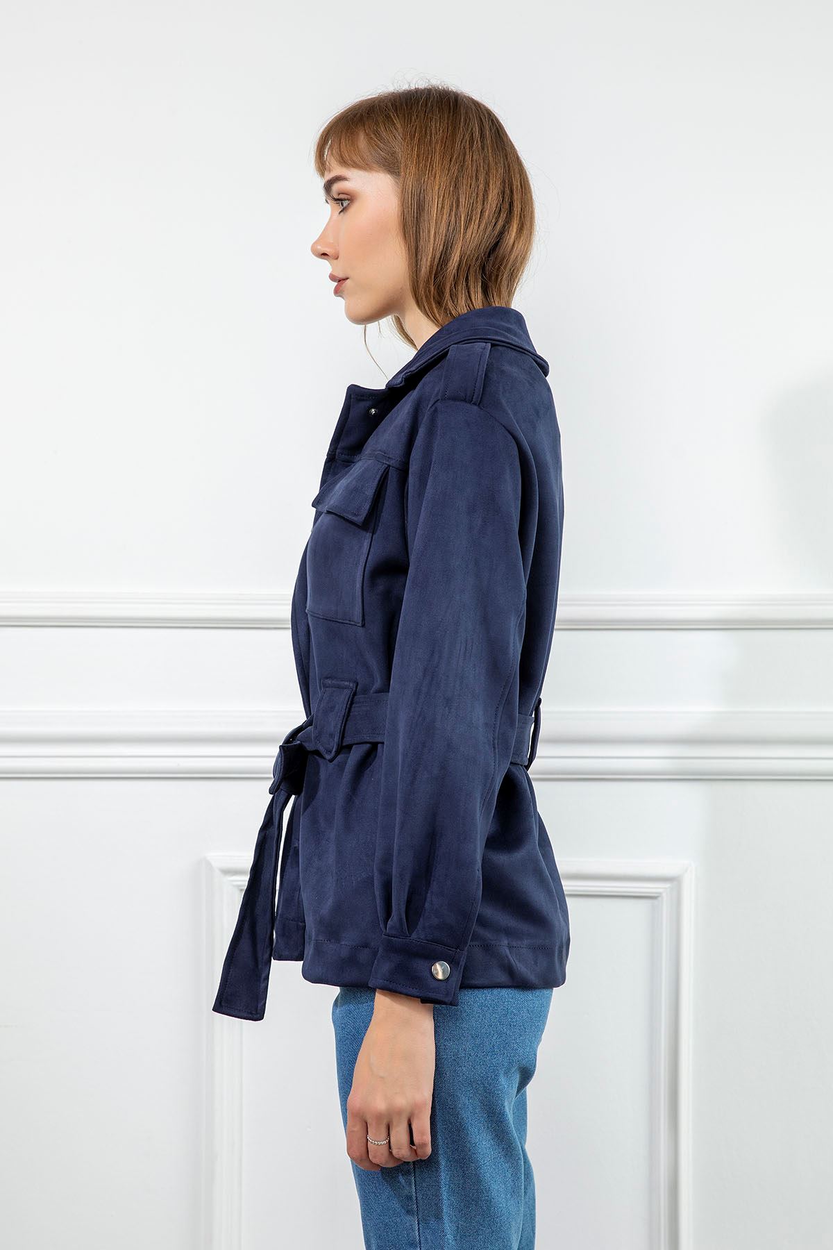 Suede Fabric Long Sleeve Shirt Collar Full Fit Belted Women Jacket - Navy Blue 