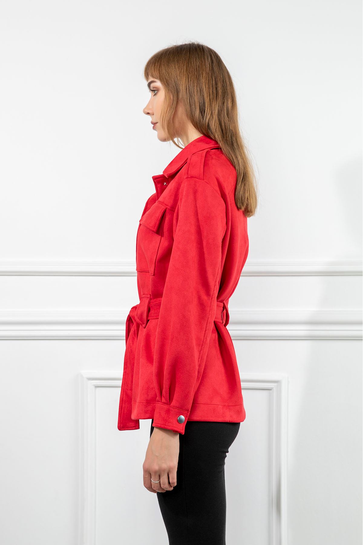 Suede Fabric Long Sleeve Shirt Collar Full Fit Belted Women Jacket - Red