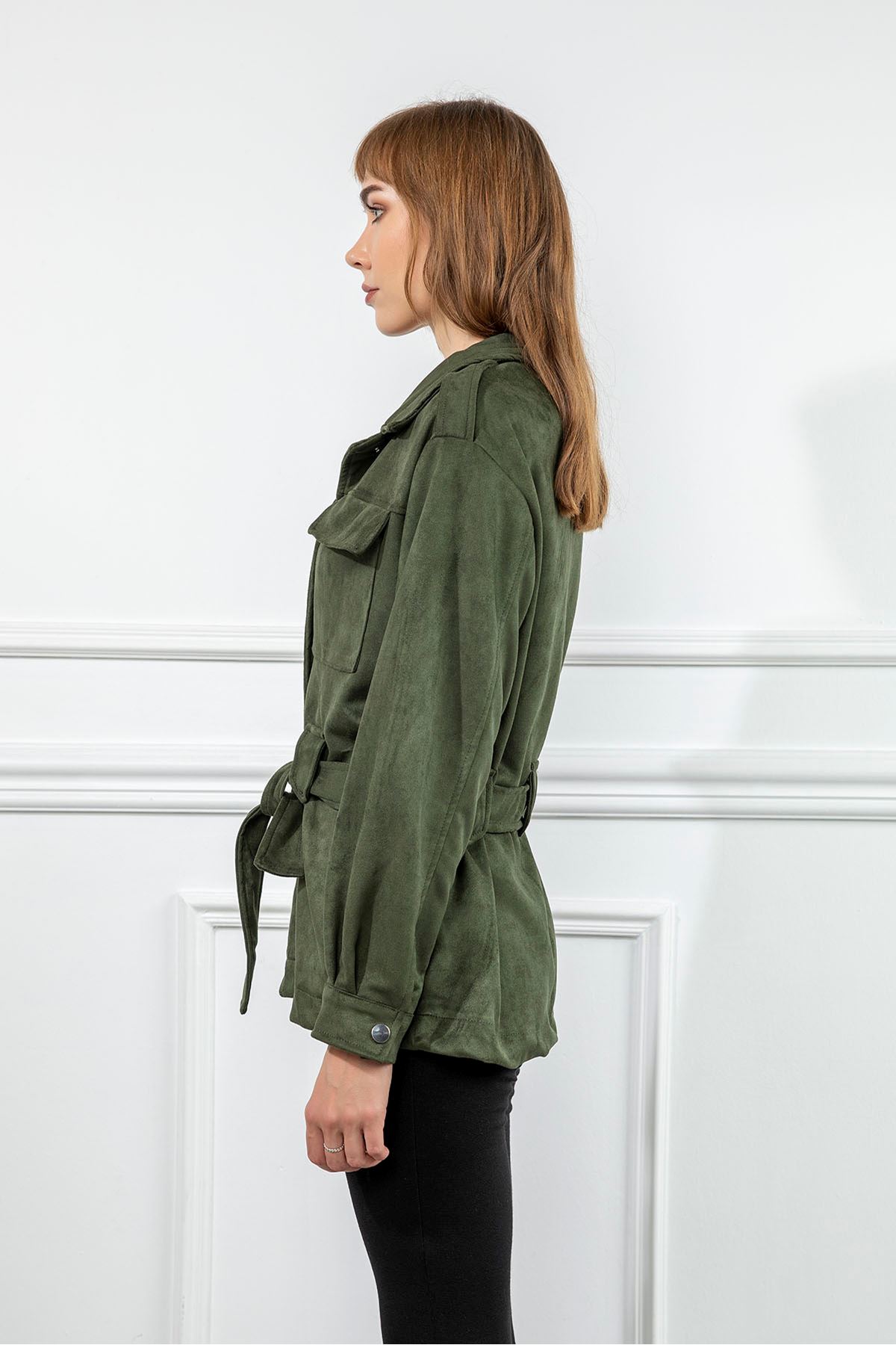 Suede Fabric Long Sleeve Shirt Collar Full Fit Belted Women Jacket - Khaki 