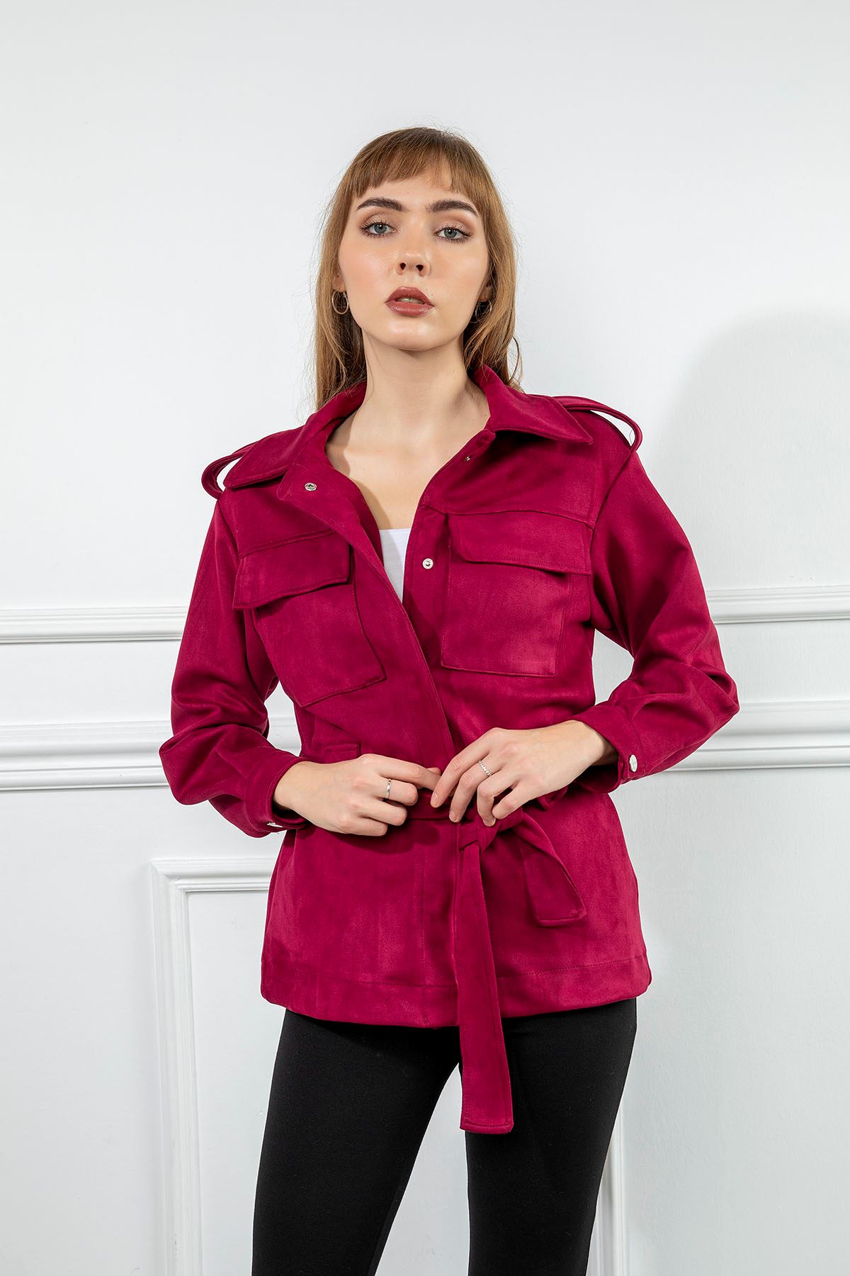 Suede Fabric Long Sleeve Shirt Collar Full Fit Belted Women Jacket - Burgundy