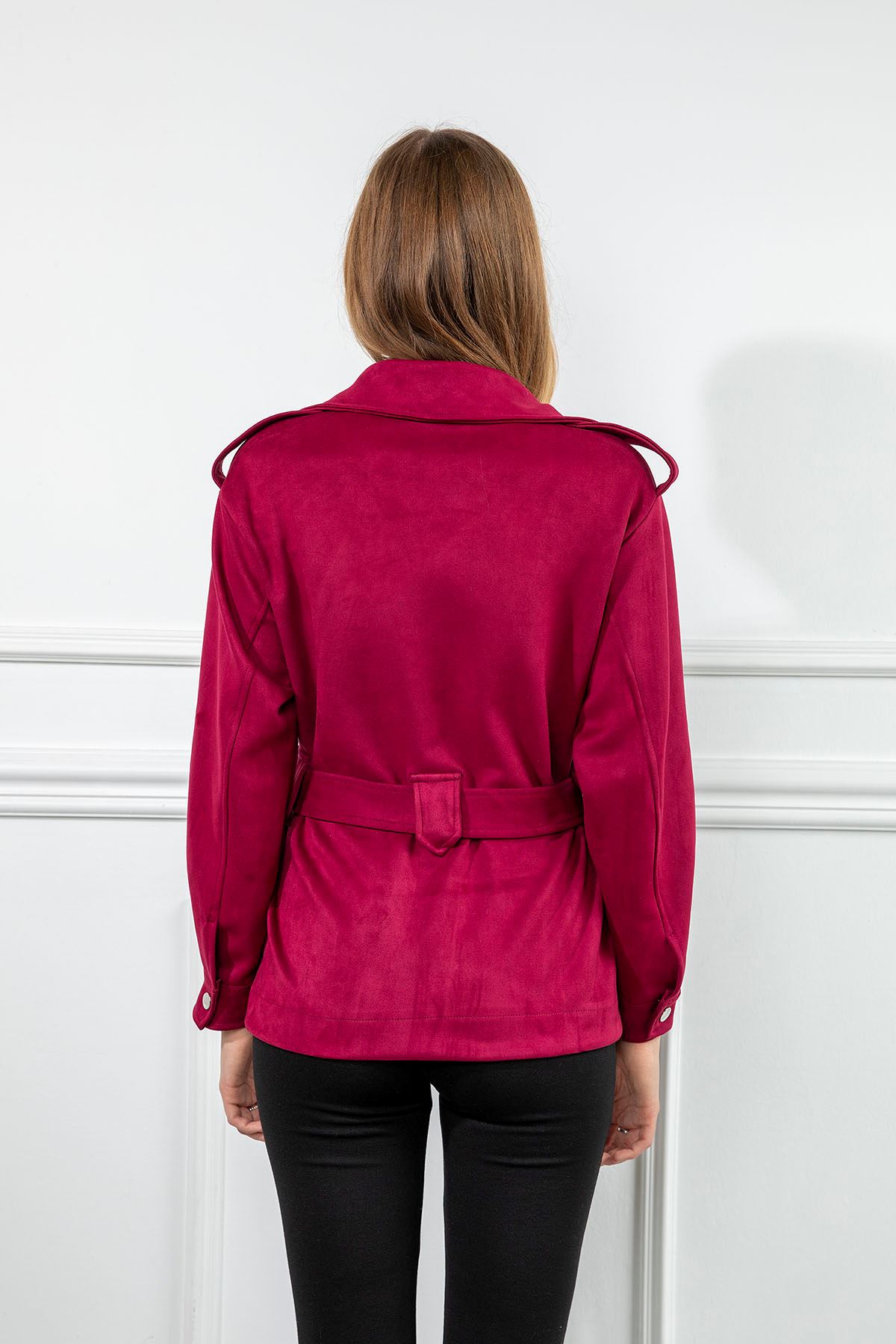 Suede Fabric Long Sleeve Shirt Collar Full Fit Belted Women Jacket - Burgundy