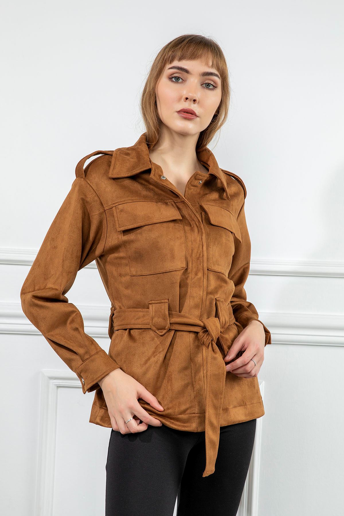 Suede Fabric Long Sleeve Shirt Collar Full Fit Belted Women Jacket - Light Brown