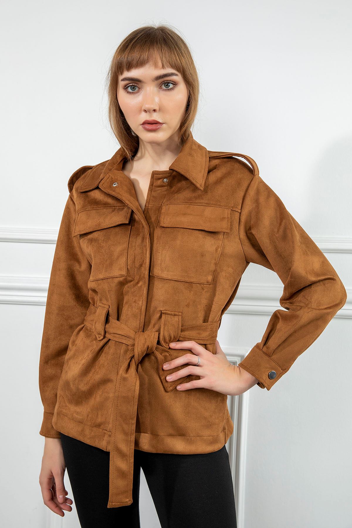 Suede Fabric Long Sleeve Shirt Collar Full Fit Belted Women Jacket - Light Brown
