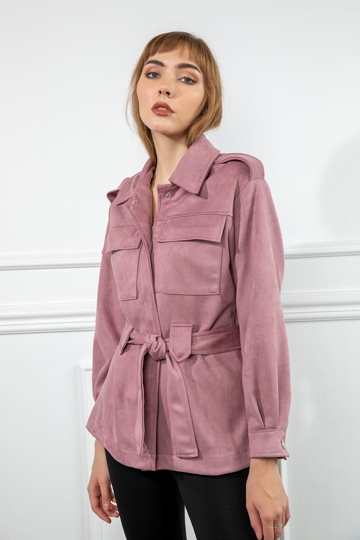 Suede Fabric Long Sleeve Shirt Collar Full Fit Belted Women Jacket - Light Pink