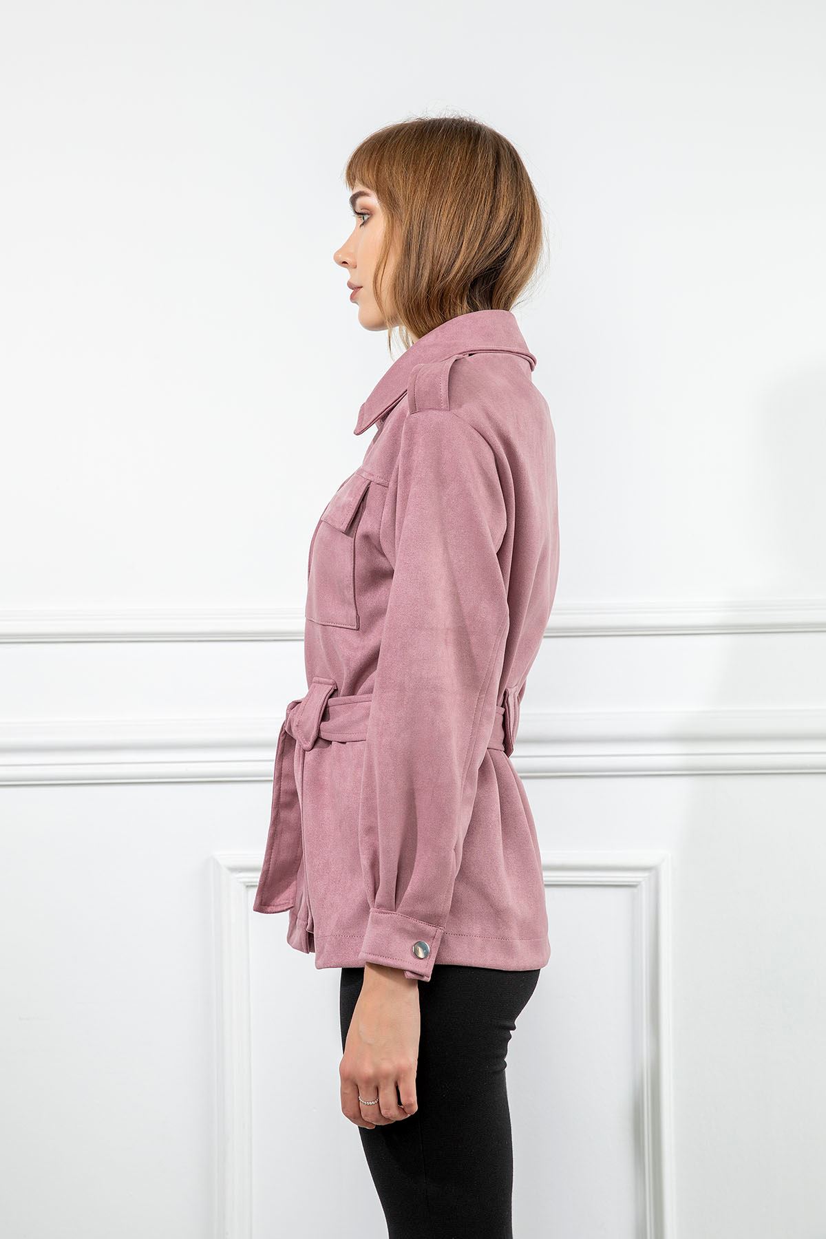 Замшевый ткань длинный отложной воротник женский пиджак - Светло розовый