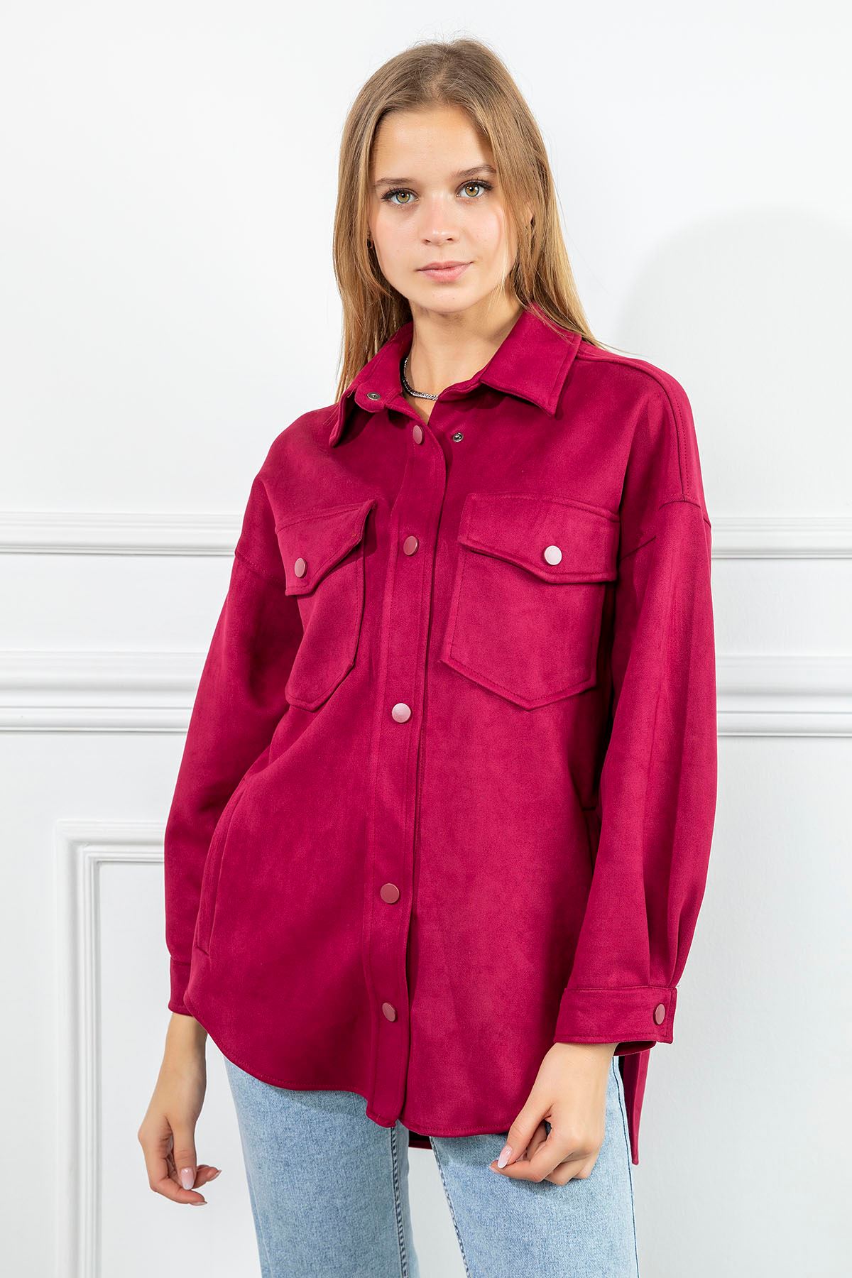 Замшевый ткань отложной воротник оверсайз / женская рубашка - Бордовый