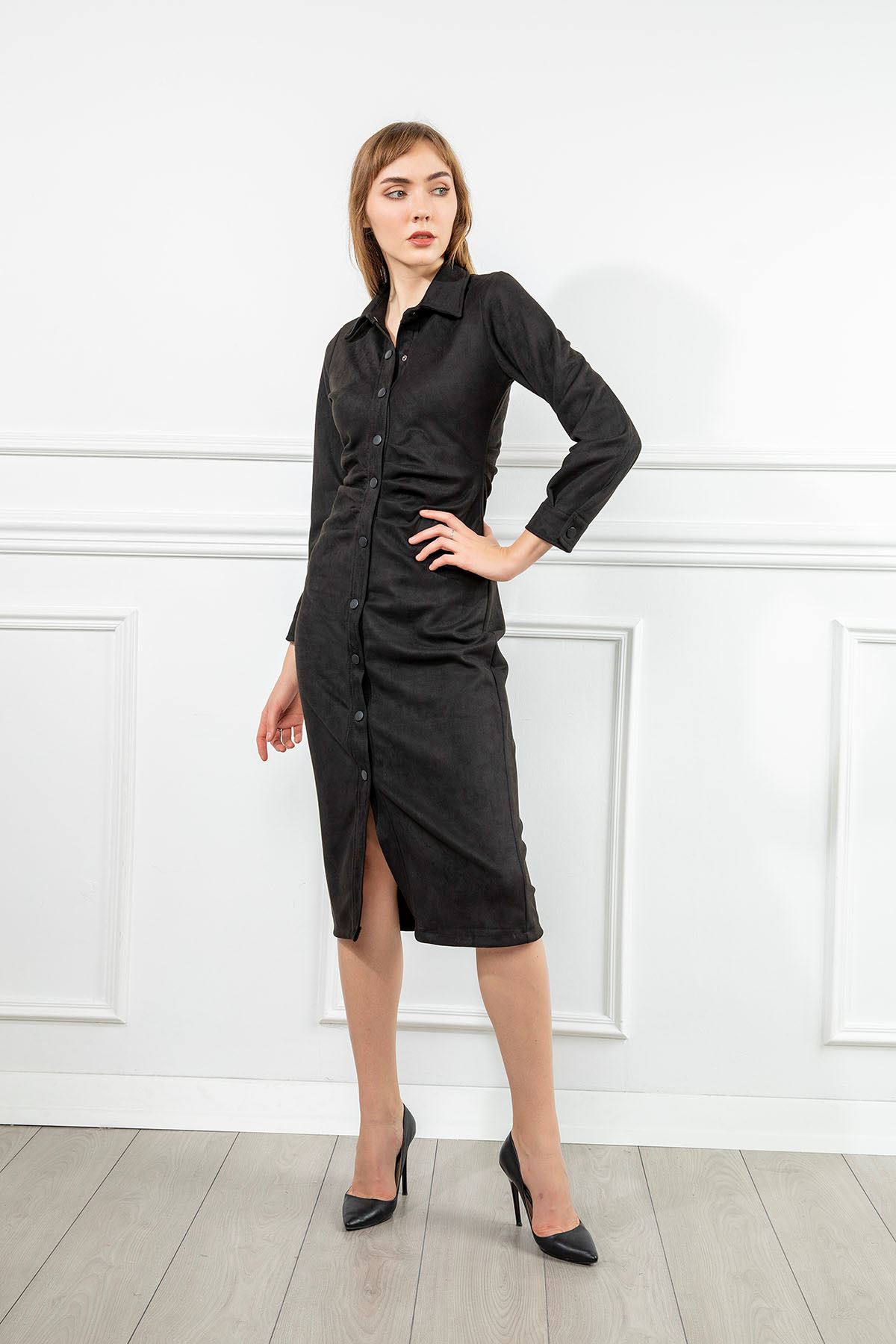 Scuba Süet Fabric Long Sleeve Shirt Collar Midi Straight Büzgü Detayженское платье - Black