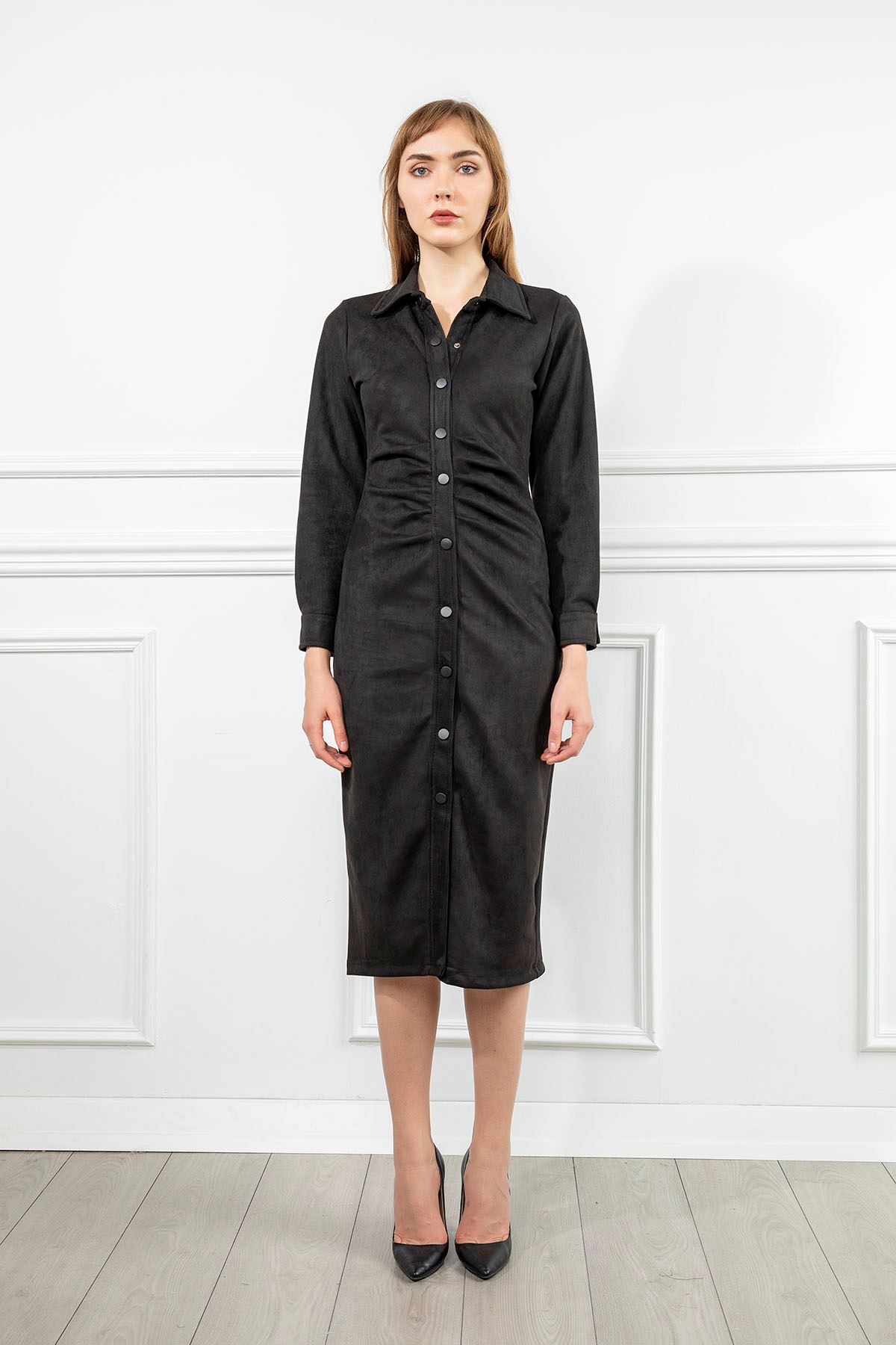 Scuba Süet Fabric Long Sleeve Shirt Collar Midi Straight Büzgü Detayженское платье - Black