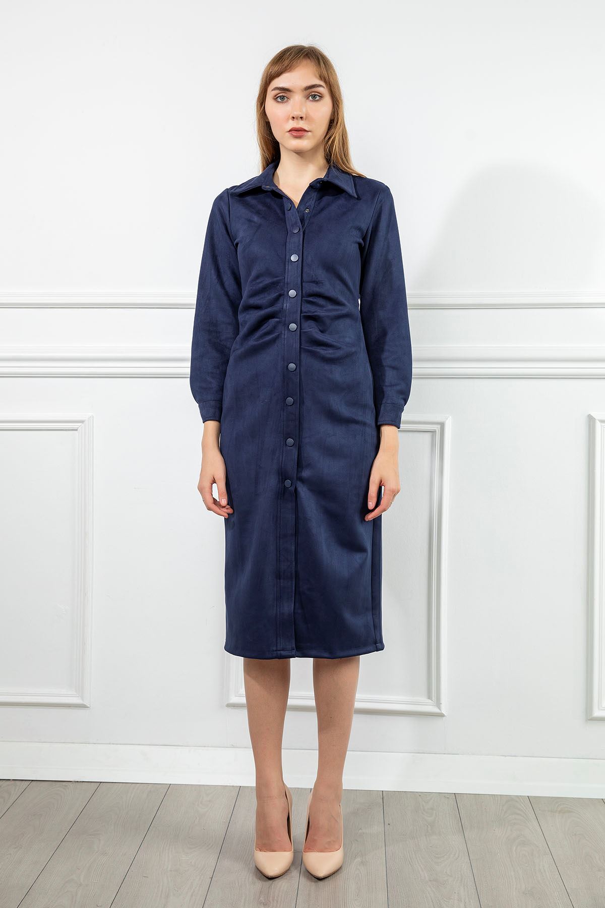Scuba Süet Fabric Long Sleeve Shirt Collar Midi Straight Büzgü Detayженское платье - Navy Blue 