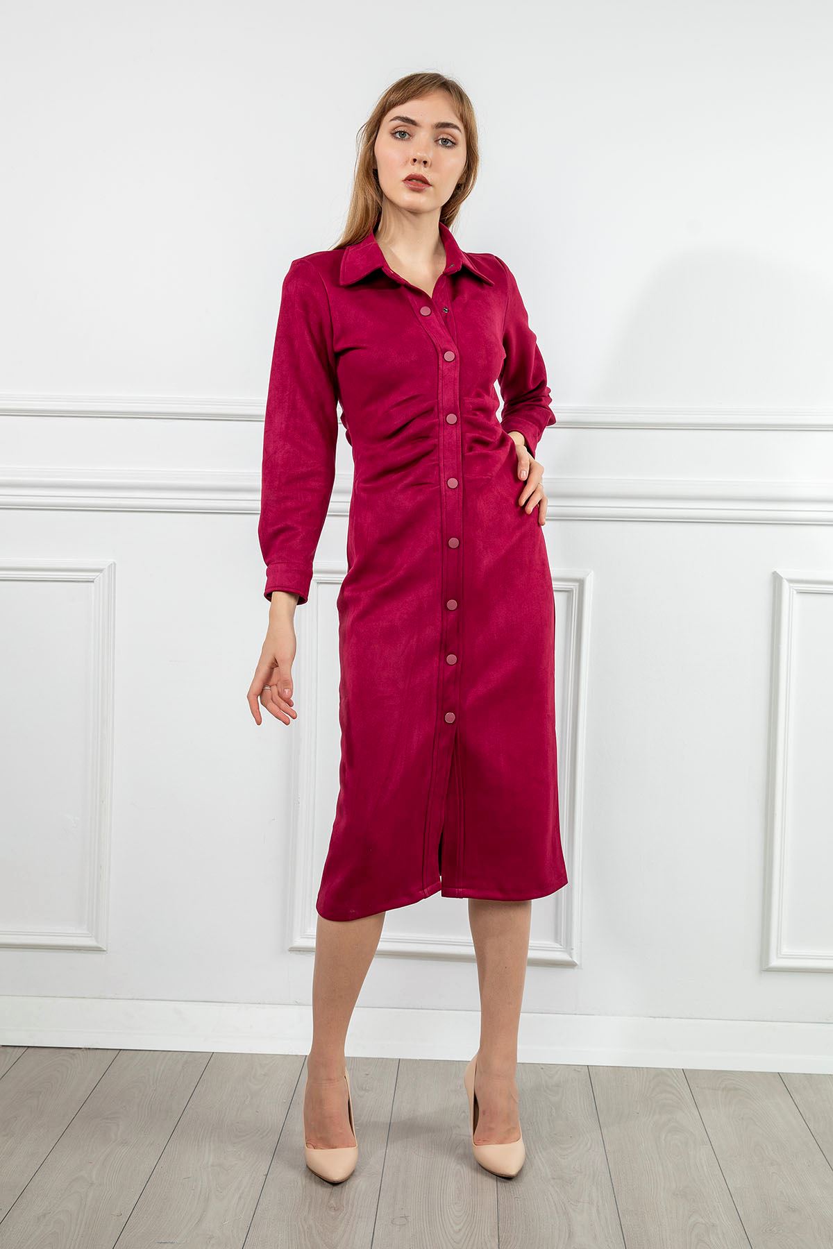 Scuba Süet Fabric Long Sleeve Shirt Collar Midi Straight Büzgü Detayженское платье - Burgundy