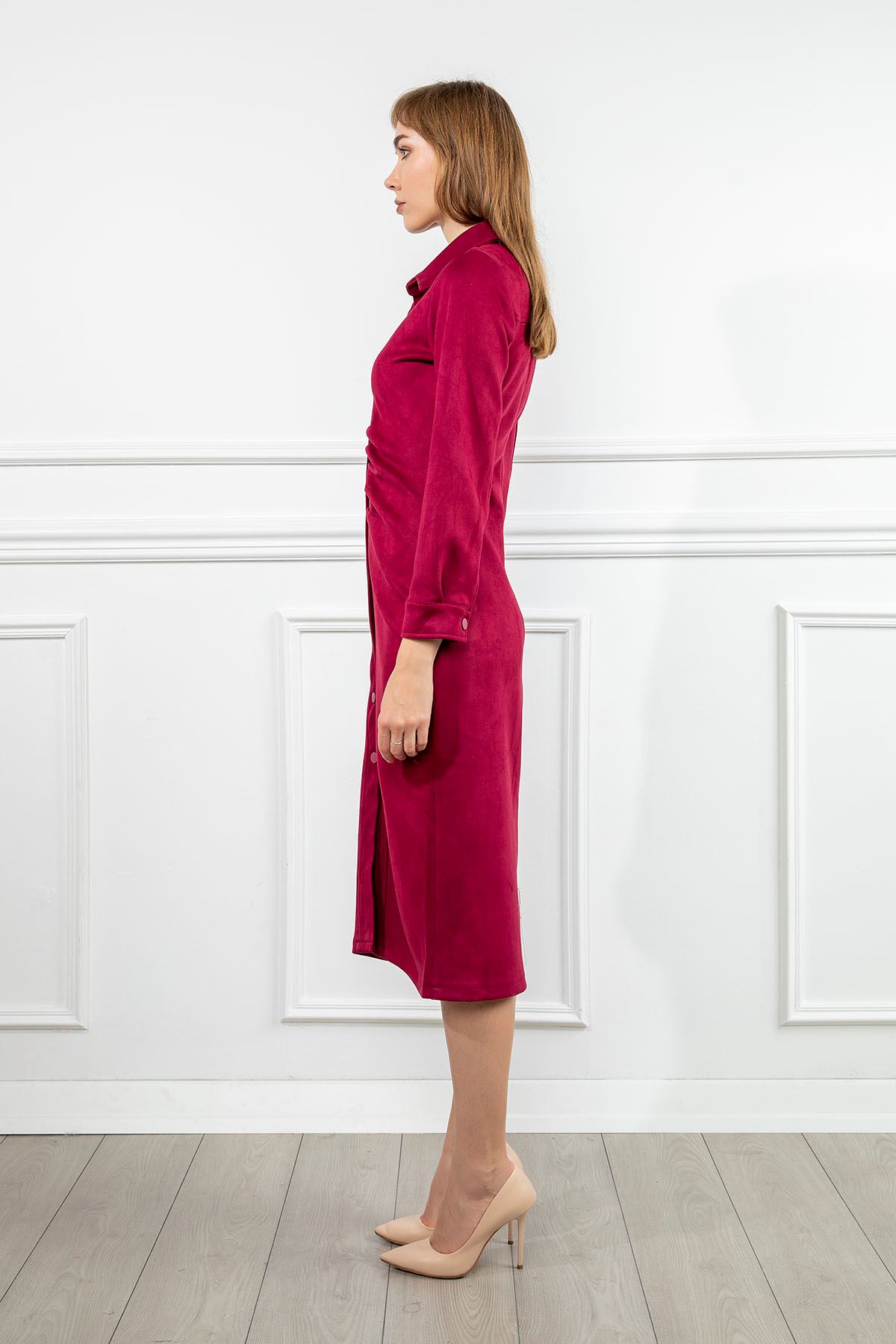 Акваланг Замша ткань отложной воротник французской длины платье - Бордовый