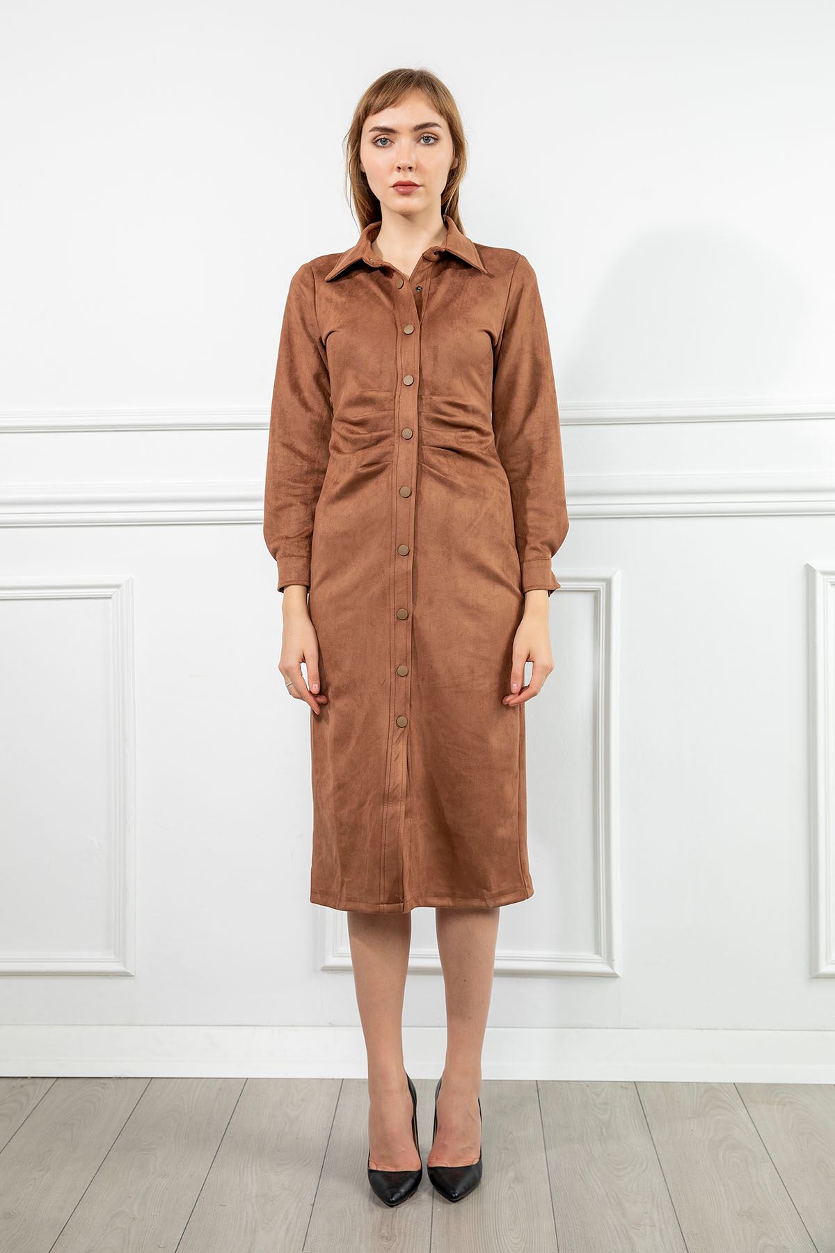 Акваланг Замша ткань отложной воротник французской длины платье - Светло коричневый