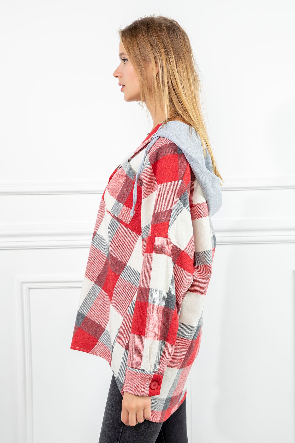 Lumberjack Fabric Long Sleeve Hooded Oversize Women'S Shirt - Red